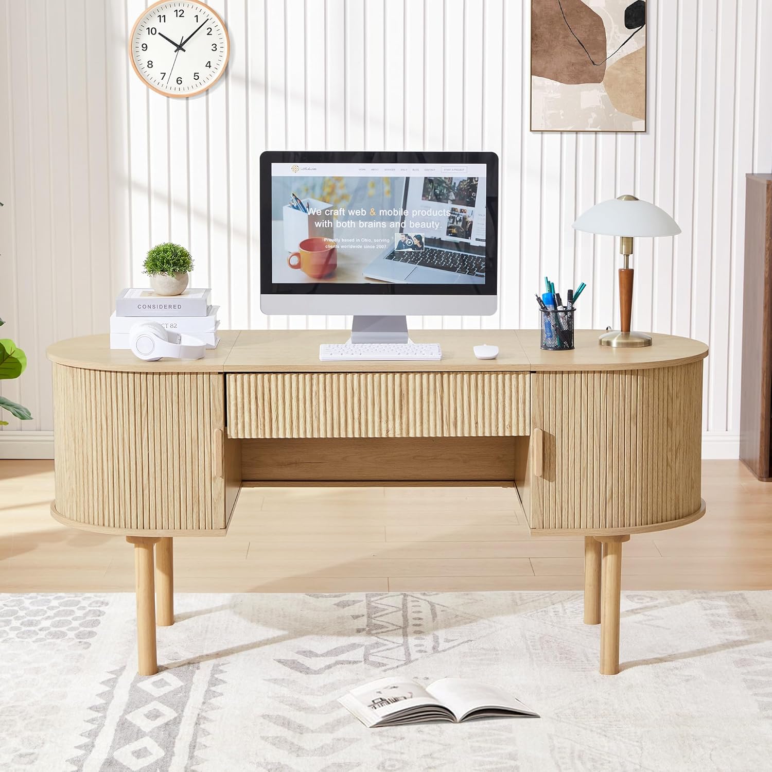 ORRD Home Office Oval Desk with Sliding Tambour Door and Drawer, Modern Fluted Wood Executive Computer Storage Desk for Study, Living Room, Bedroom, Office - Natural