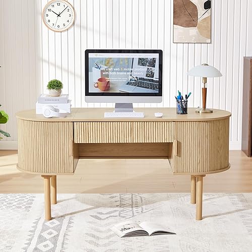 ORRD Escritorio ovalado para oficina en casa con puerta corredera y cajón, moderno escritorio ejecutivo de madera acanalada para almacenamiento de