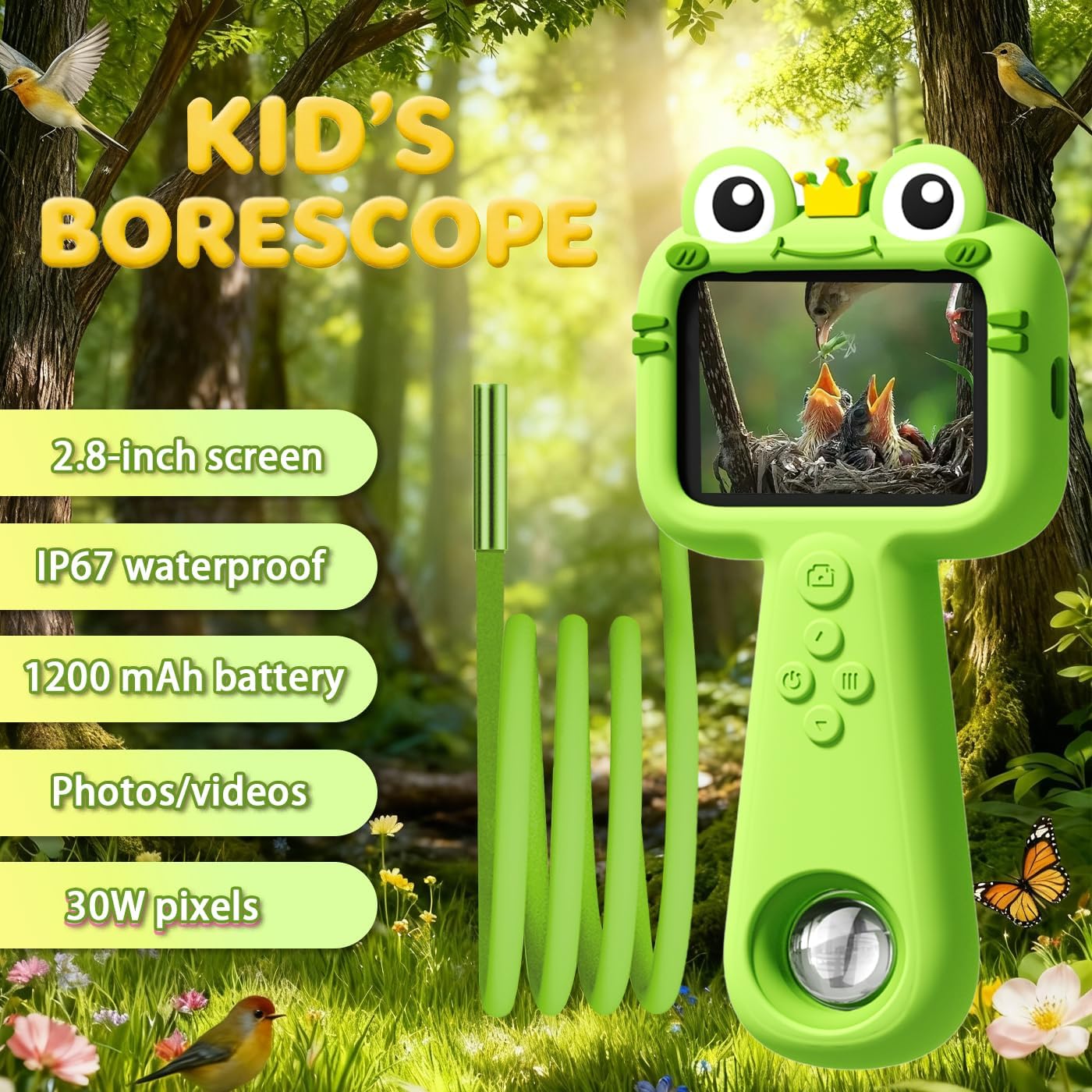 Kids Borescope Camera Toy, Borescope Snake Camera with Light & 32GB SD Card for Kids, Outdoor Educational STEM Toys, Birthday Gift for Boys & Girls Ages 4-12 (Green)