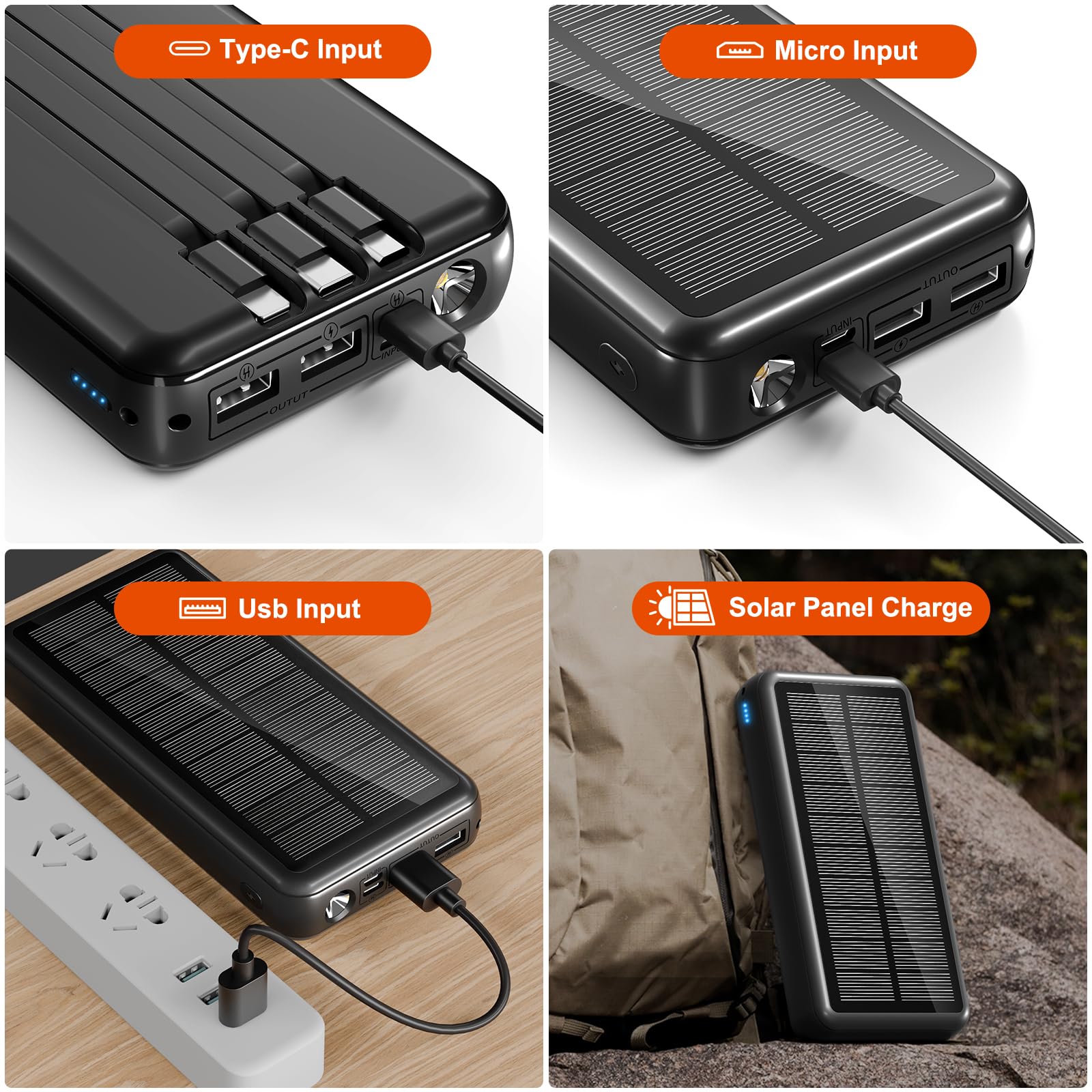 Banque d'énergie solaire 27 000 mAh, batterie externe avec 6 sorties et 2 entrées, batteries externes pour charge rapide de 15 W, tablettes, camping, voyage, extérieur