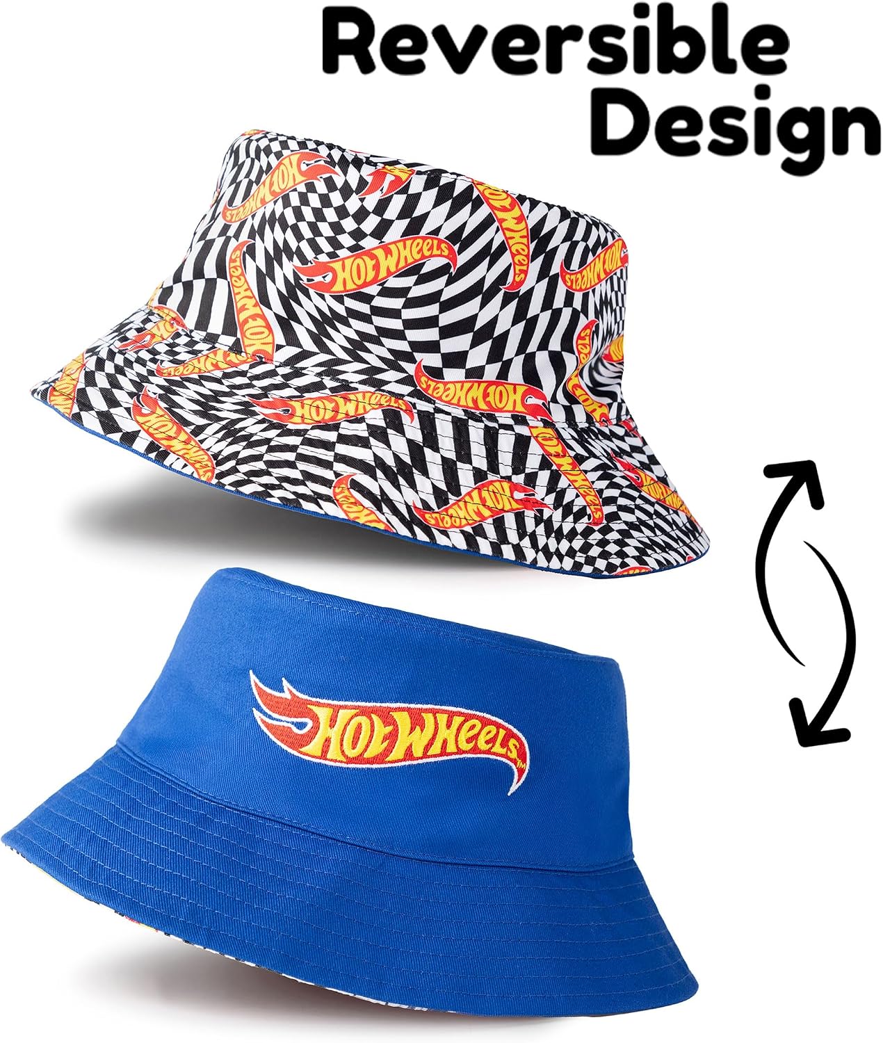 Hot Wheels Reversible Bucket Hat | Black & White Checkerboard | Blue Design | Sun Protection for Men & Kids