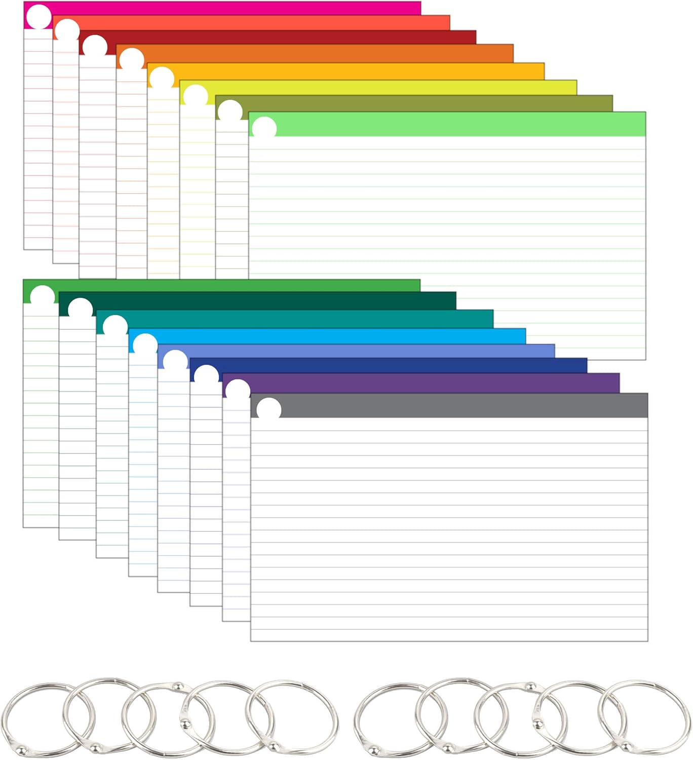 Debra Dale Designs | 4 x 6 | Sixteen Unique Color Bar Ruled | Standard 110# Index Cards | Hole Punched | 10 Rings | 576 Cards