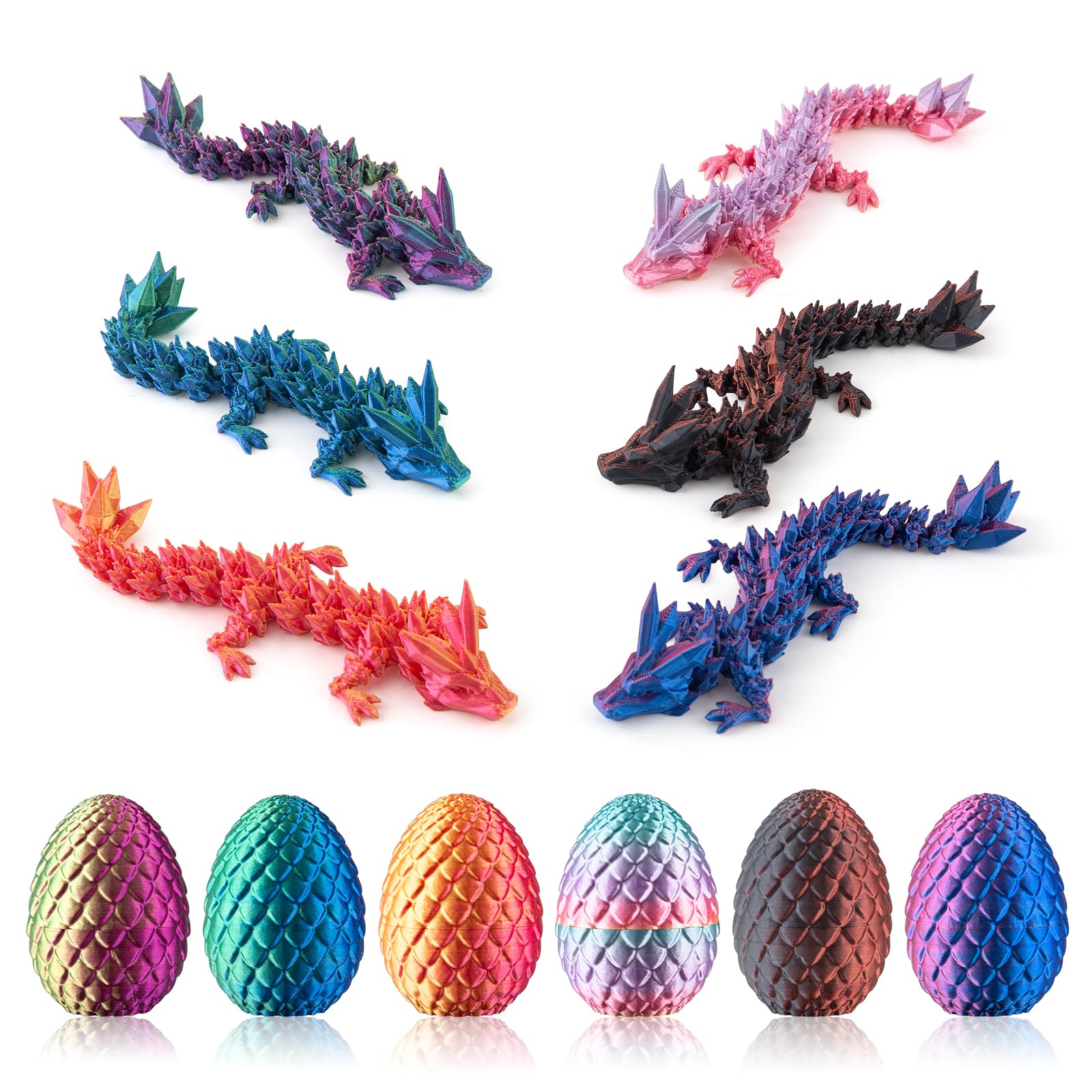 Dxldfks 6PCS 3D Printed Dragon with Egg, Small Articulated Crystal Dragons Eggs for Easter Basket Stuffers Home Office Decoration Executive Desk Toys, Pack of 6