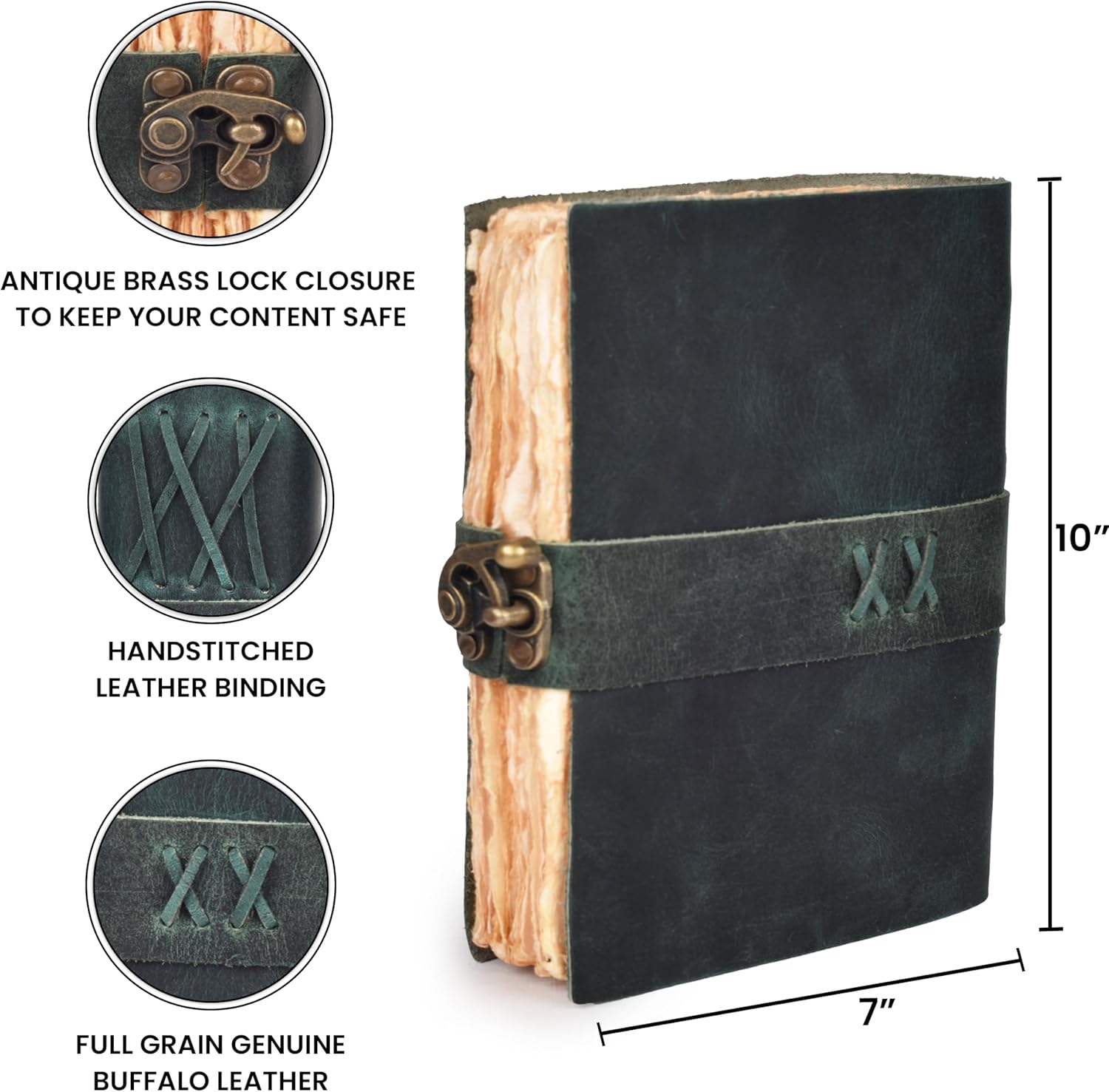 LEATHER VILLAGE Leather Bound Vintage Journal for Women & Men - Book of Shadows - Lock Closure - 200 Pages of Antique Deckle Edges Handmade Watercolor Paper - Turquoise - 10X7 inches