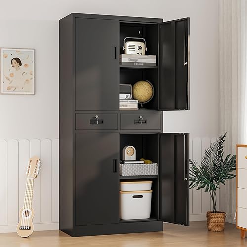 Miniatura 7 de Gabinete de almacenamiento de metal, gabinete de almacenamiento con bloqueo de 71 pulgadas con estantes ajustables y 2 cajones, gabinetes de acero