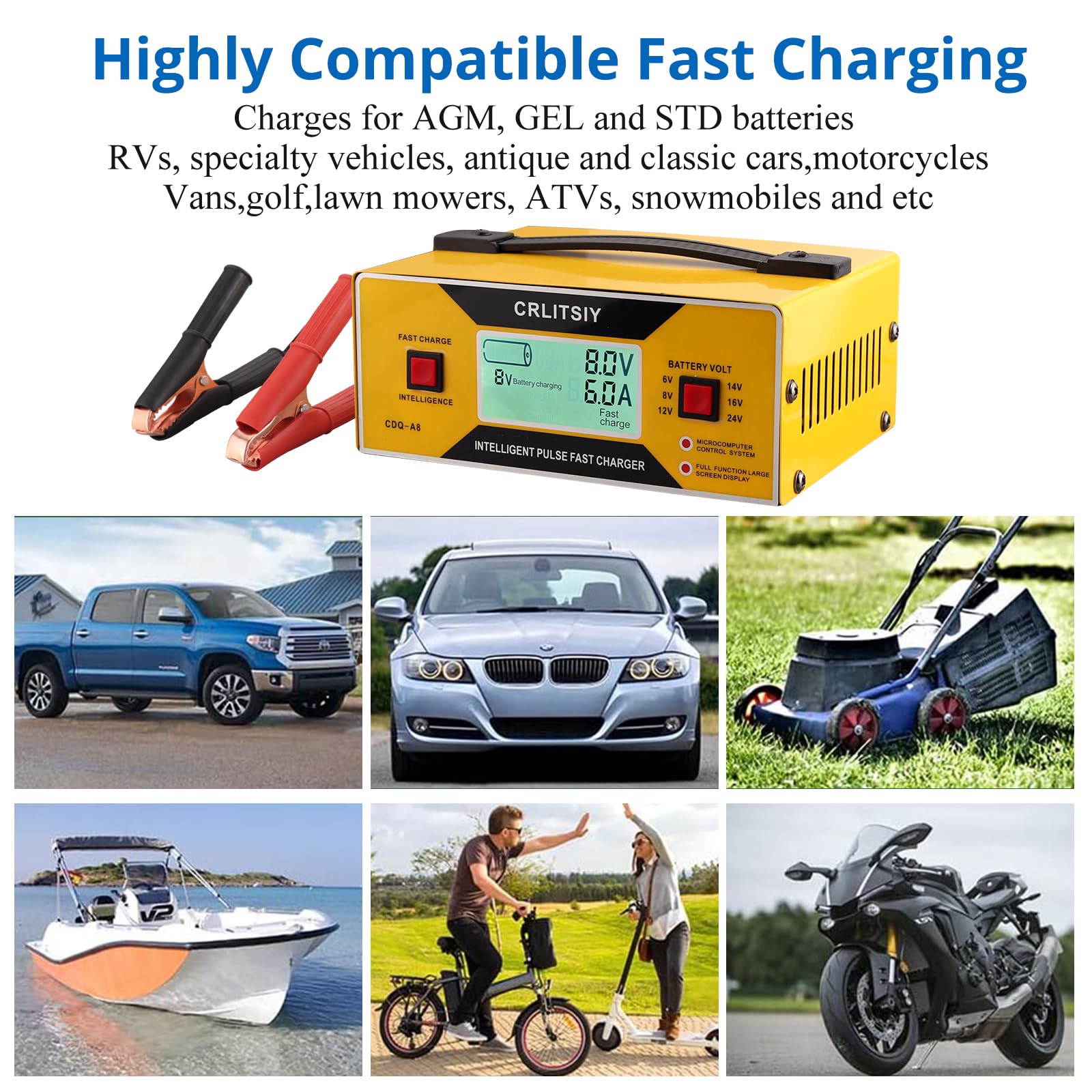 Autobatterie-Ladegerät, intelligentes Erhaltungsladegerät, 6 V/8 V/12 V/14 V/16 V/24 V, 0–10 A, LCD-Akku-Ladegerät für Auto, Motorrad, Boot, Golfwagen mit Krokodilklemmen, 8 Volt
