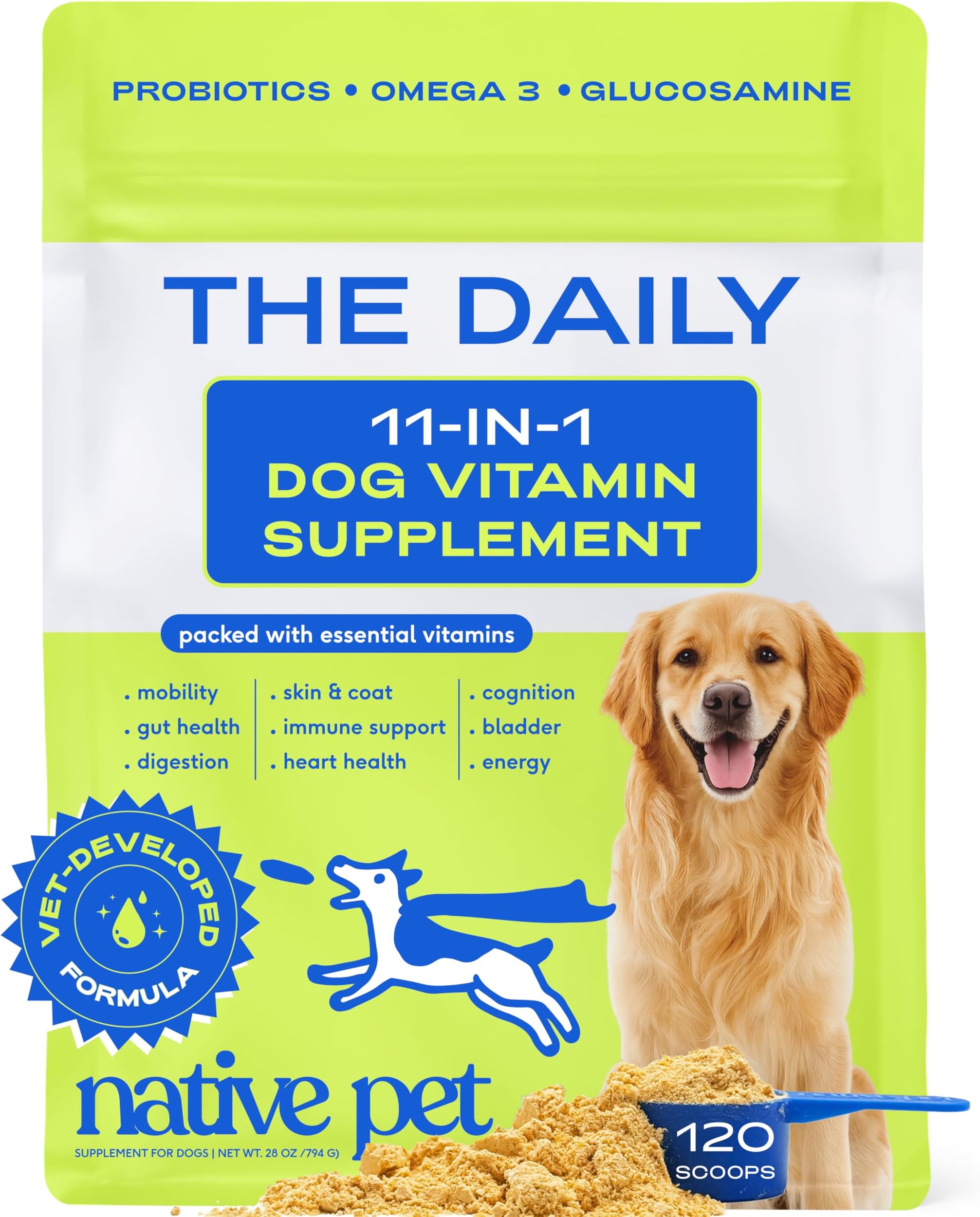 The Daily Dog Vitamins & Supplements - 11-in-1 Multivitamin Powder for Dogs - Supports Whole Body Health, Digestion, Mobility & Immunity with Collagen, Glucosamine & Probiotics –120 Scoops