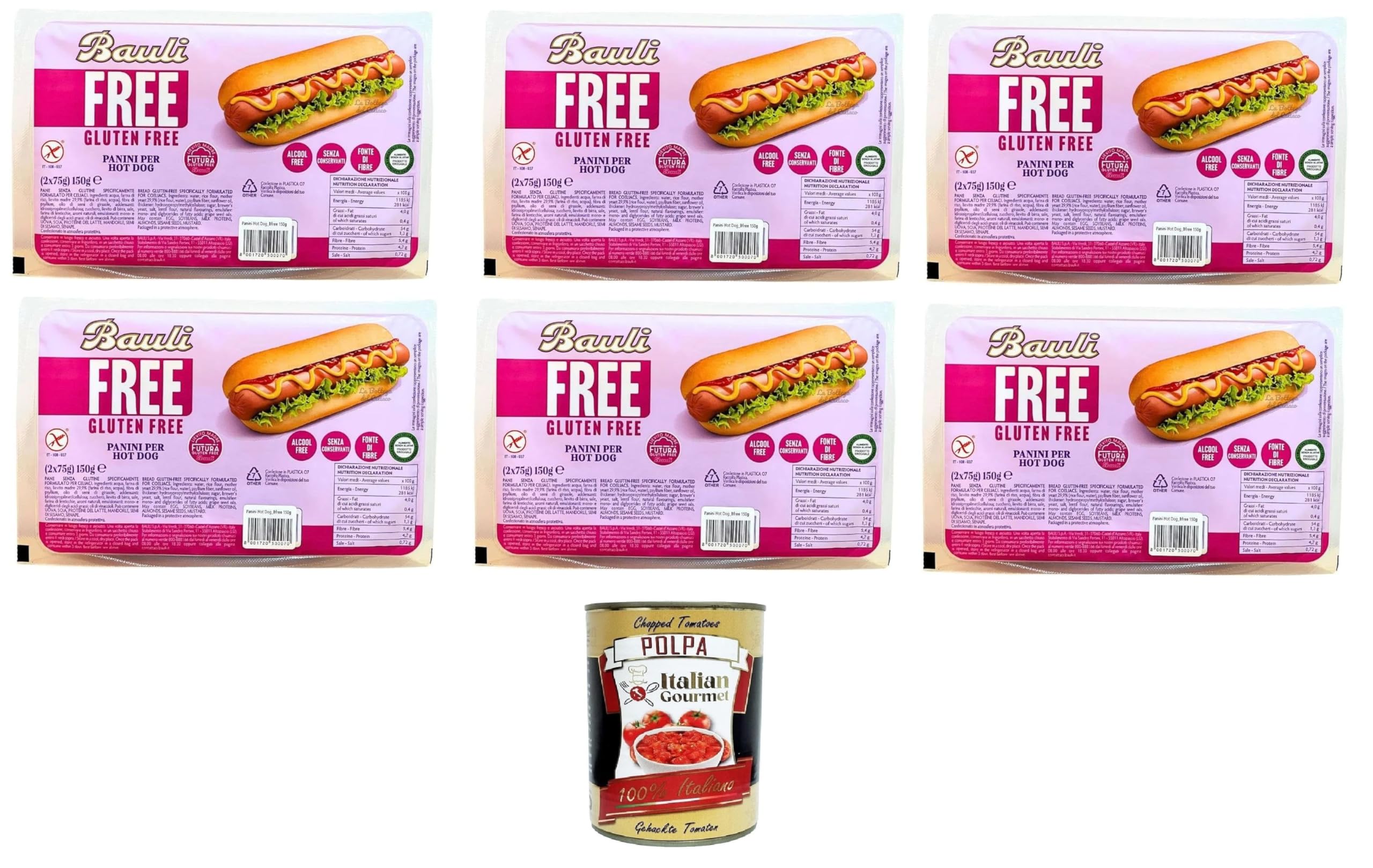 Italian Gourmet Bundle 6x Glutenfreie Hot Dog Brötchen 150g + Italian Gourmet Polpa Gratis – 900g Gluten Free Hot Dog Buns für BBQ, Grillen, Burger & Snacks