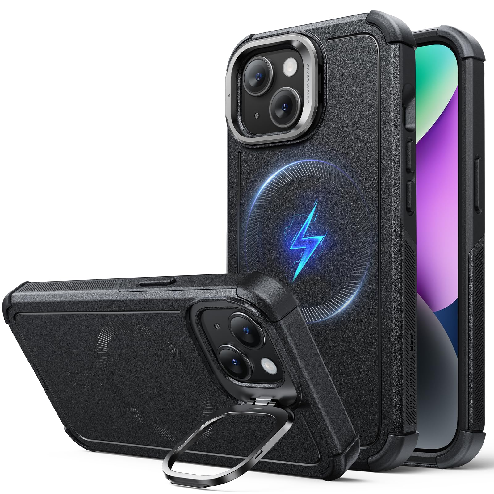 ESR for iPhone 14/13 Case Flex Stand, for MagSafe, Rugged, Black | 7X Military-Grade Drop Protection, Magnetic Phone Case, Shock-Absorbing Rugged Cover, Dustproof Port Cover, Secure Grip Black iPhone 14/13 6.1 inch