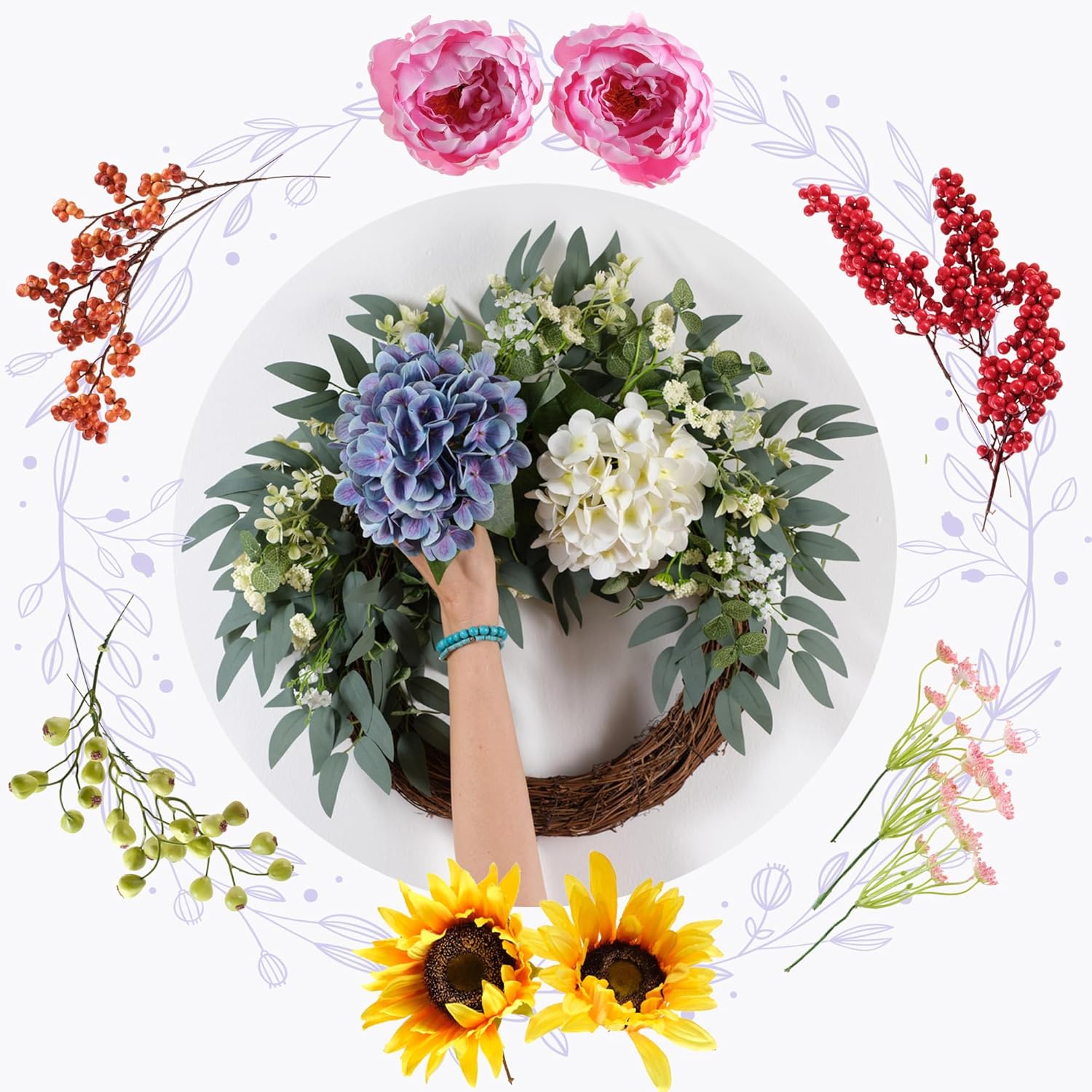 4 in1 All-Season Interchangeable Grapevine Wreath, DIY Kit with Silk Flowers, Green and White, 24 Inch, Farmhouse Front Door Decor for Spring, Summer, Fall and Winter