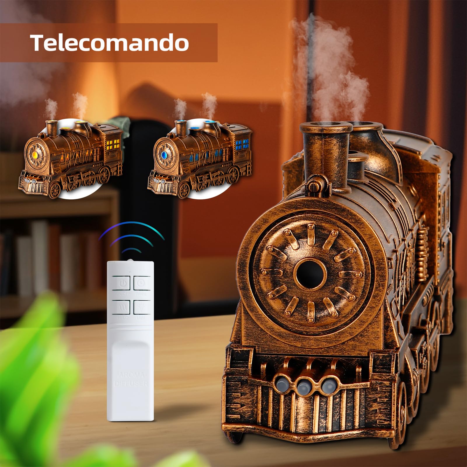 Diffusore di Oli Essenziali a Forma di Treno, Diffusore di Aromaterapia a Nebbia Fredda 2 Luci e 2 Modalità di Nebbia, Spegnimento Automatico per Camera da Letto, Soggiorno Ultrasonic Aroma Diffuser