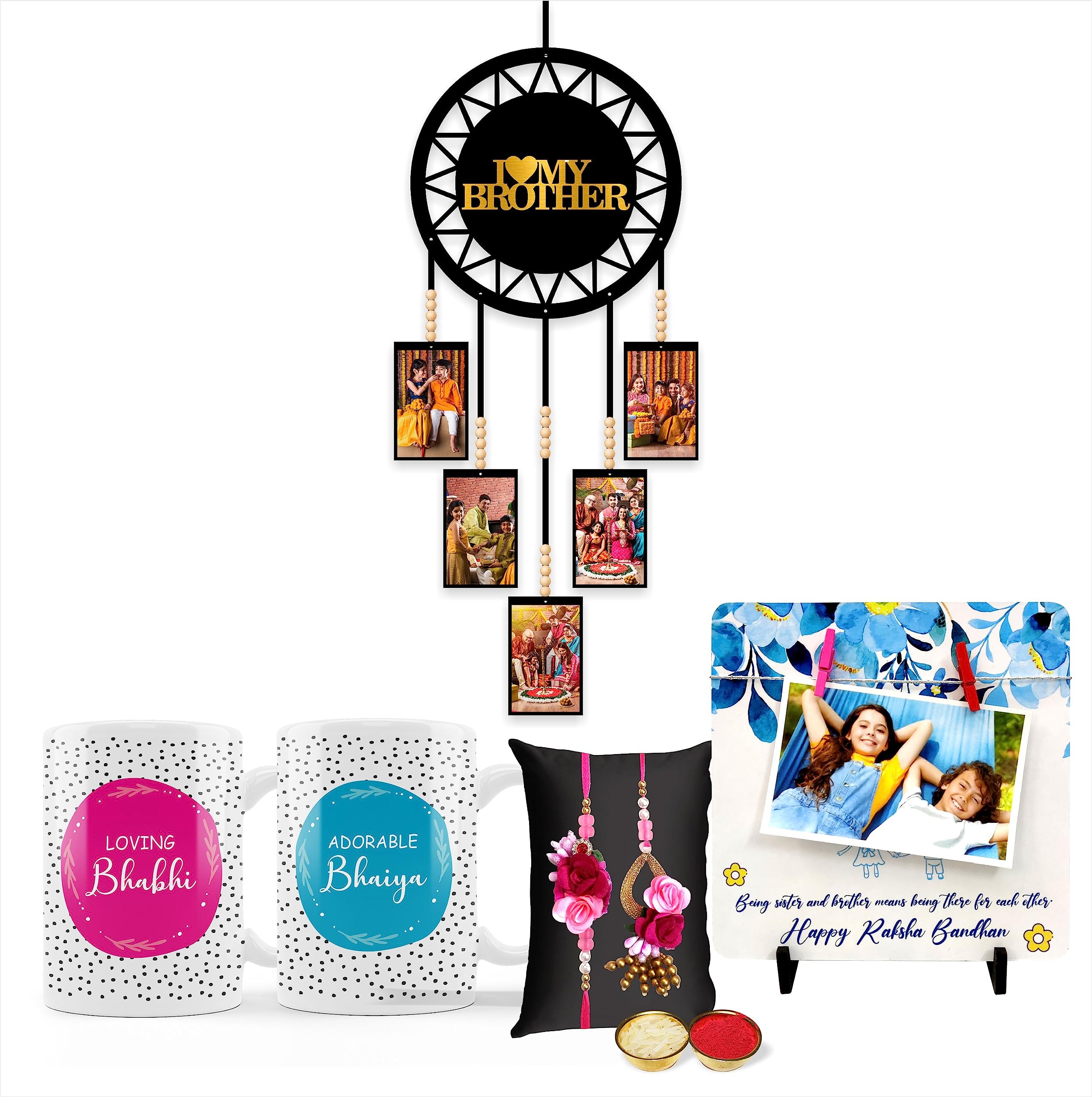 ColorSplash Rakhi Gift Combo - Rakhi for Brother & Self Customize Photo Frame, Photo Dream Catcher with Bhaiya-bhabi Mugs and KumKum-Chawal - 1 Pc. for Rakhi Festival (I Love My Brother)-image-43