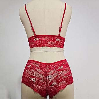 Lingerie for Women Sexy Deep V Strappy Bra Panty Set 2 Piece Floral Lace Mesh Babydoll Underwear for Sex Naughty Play
