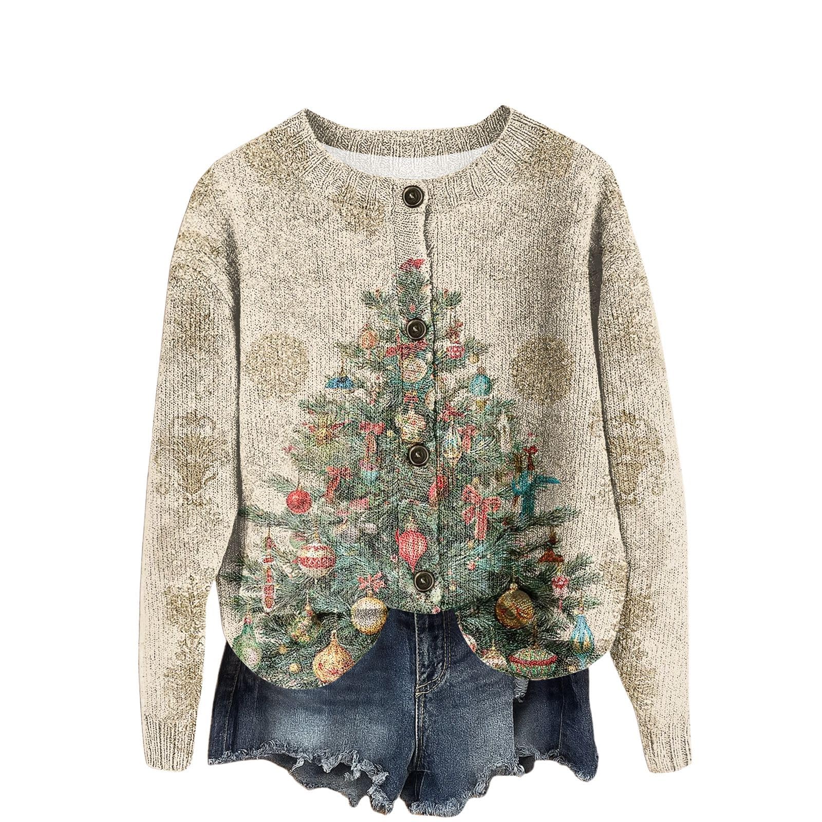 Women Christmas Sweatshirt Open Front Long Sleeve New Years Holiday Reindeer Sweater Cardigan