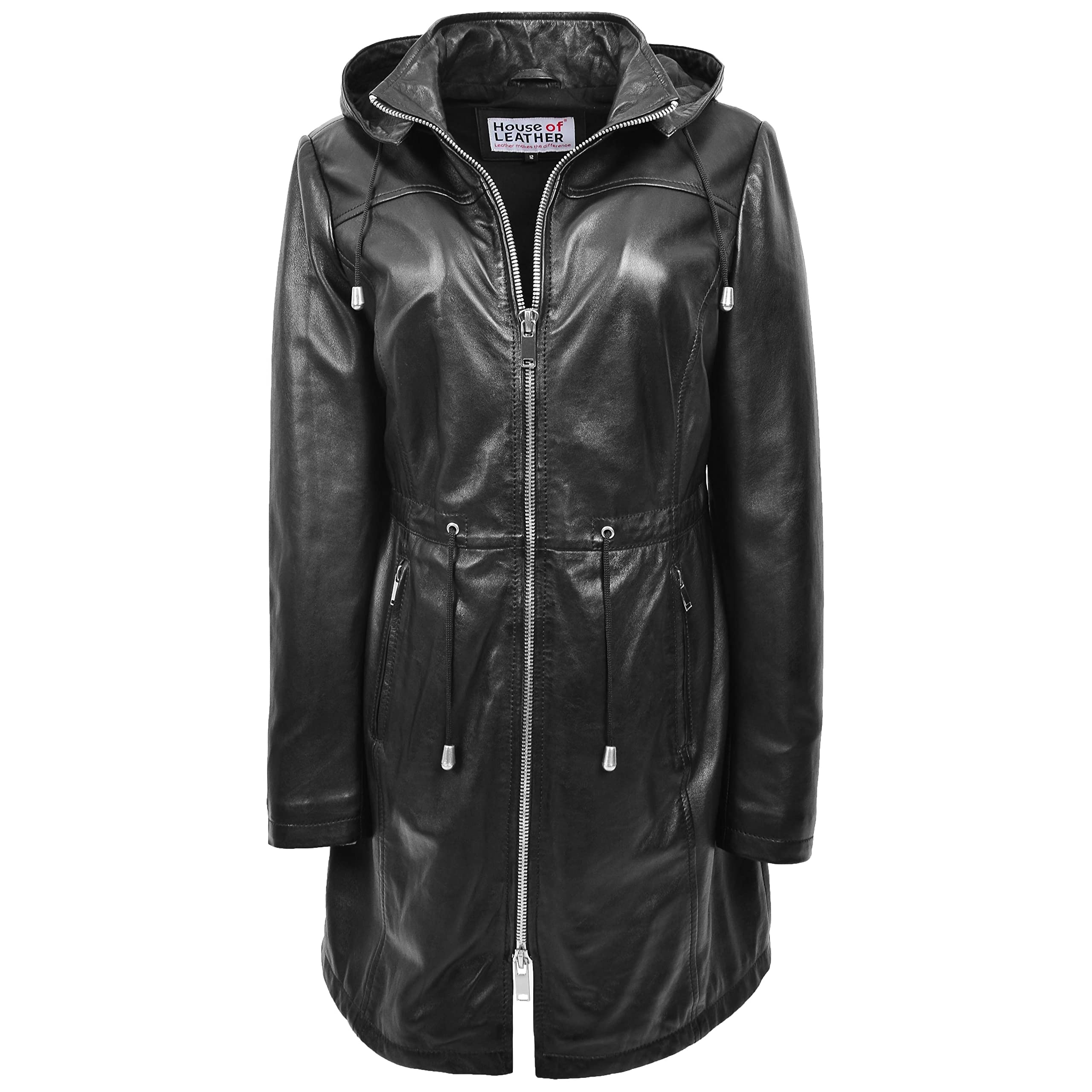 House Of Leather Women's Black Real Leather Hooded Parka Coat 3/4 Length Style Tyra 20