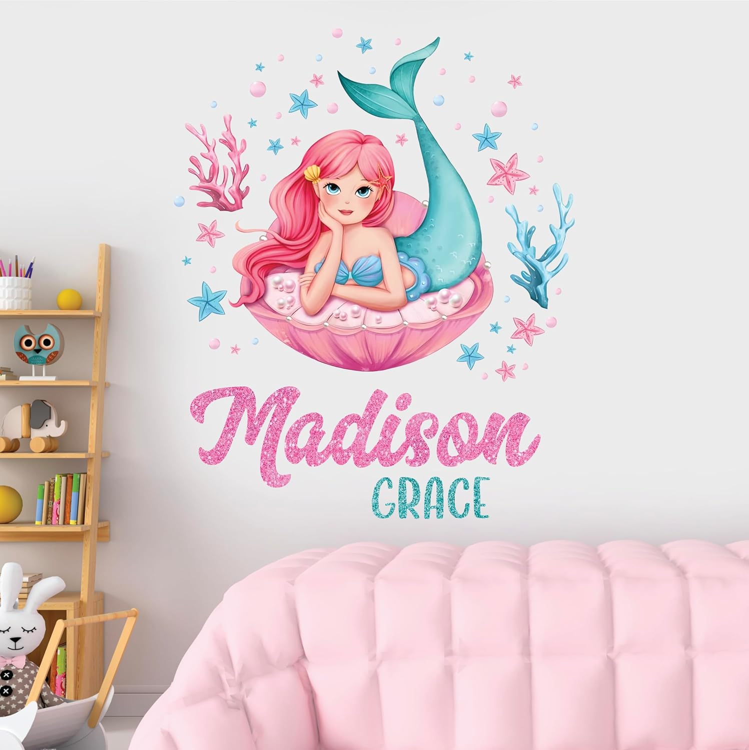 Personalized Mermaid Name Wall Decal for Girls Room - Little Mermaid Tail Art Nursery Sticker - Baby Custom Glitter Letters Stickers - Girl Mermaids Decor Art Mural Vinyl