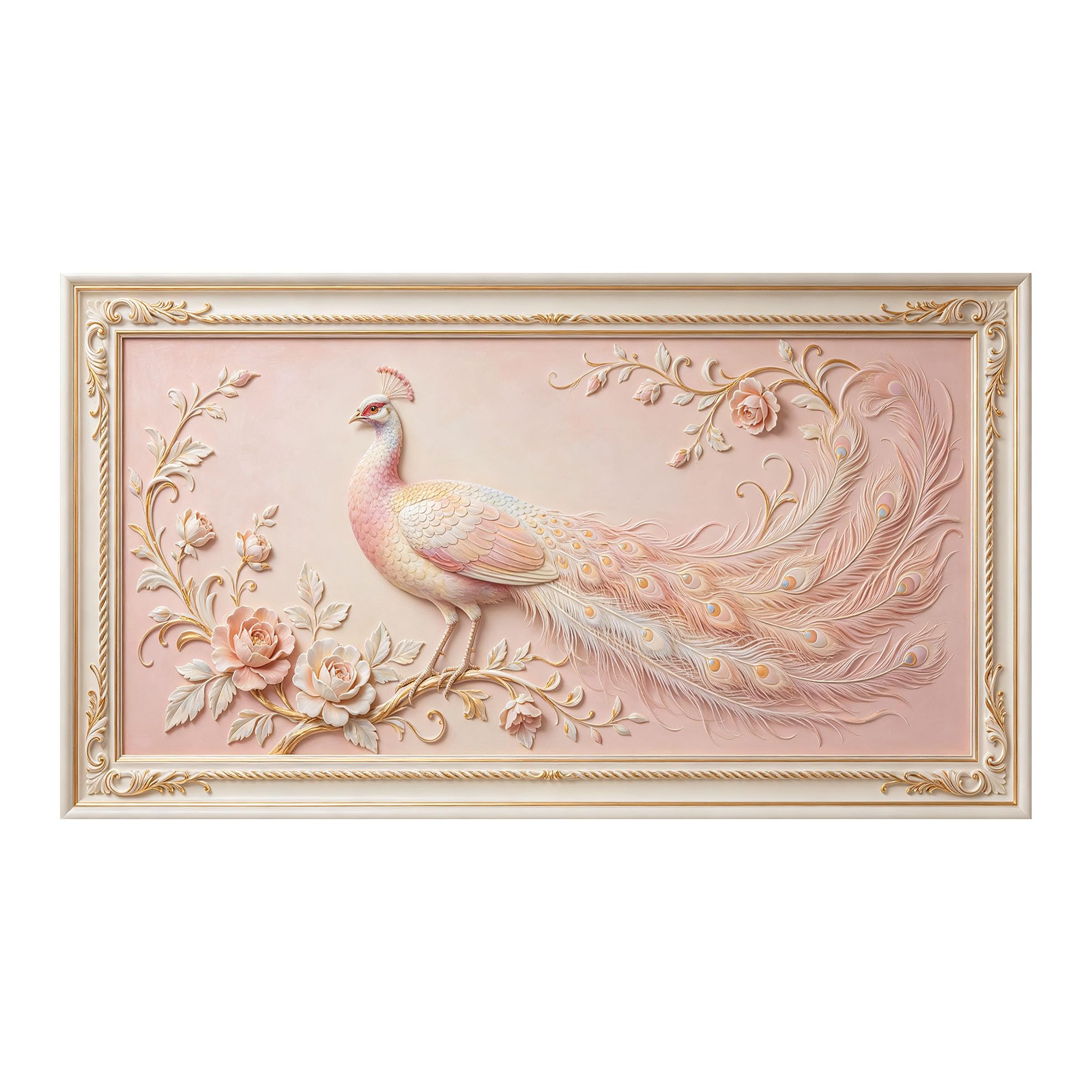 Yzpallescene 3D 3D Framed Wall Art 50cm×90cm Elegant Peacock Floral Neoclassical Relief Large Size SelfAdhesive Removable Wall Decor Prints Artwork for Living Room Bedroom Office
