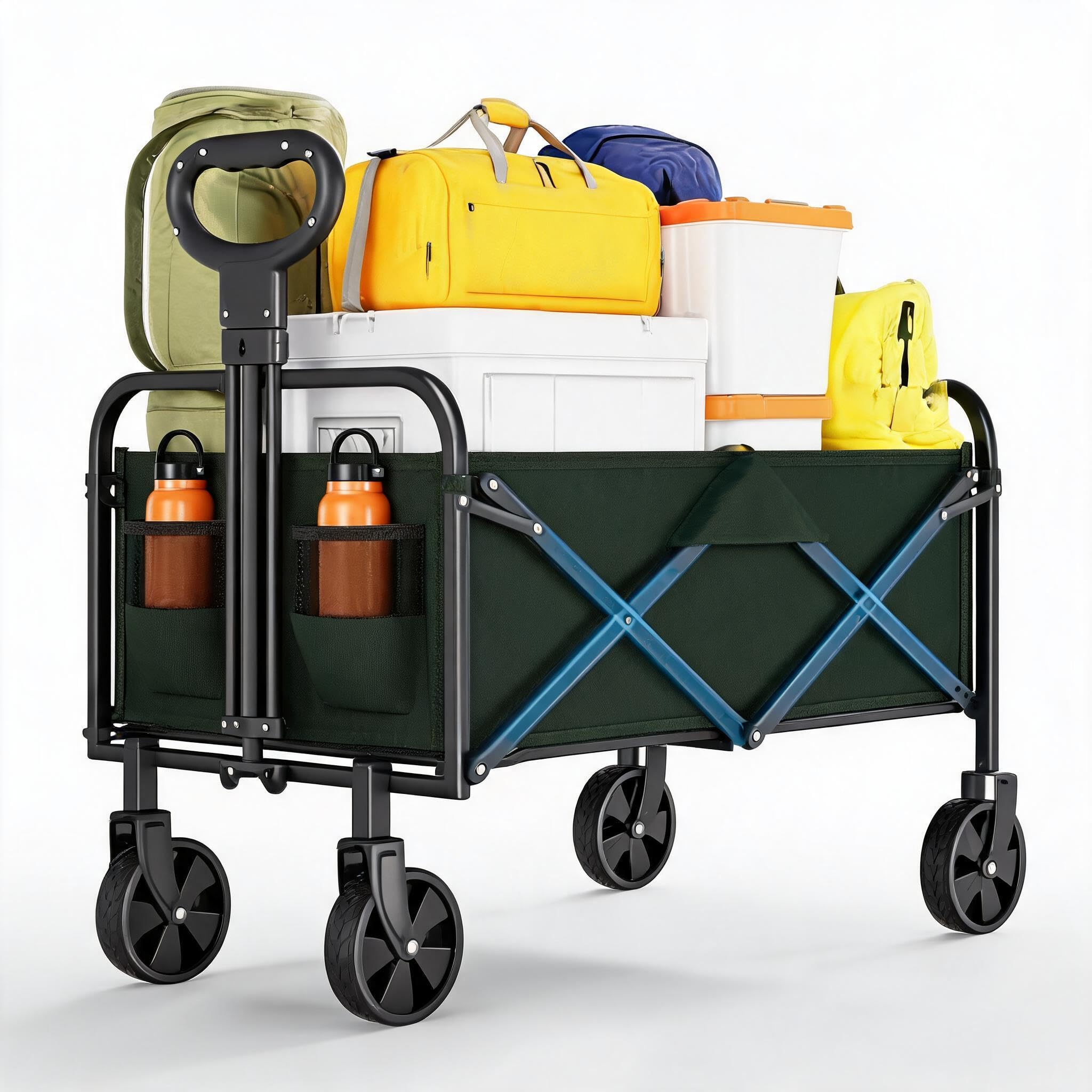 Bollerwagen Faltbar 220 L, Klappbarer Handwagen bis 172 kg, | Transportwagen mit Seitentaschen & Getränkehalter,360°Drehbaren Rädern, Verstellbarem Griff für Camping Strand Garten Einkauf