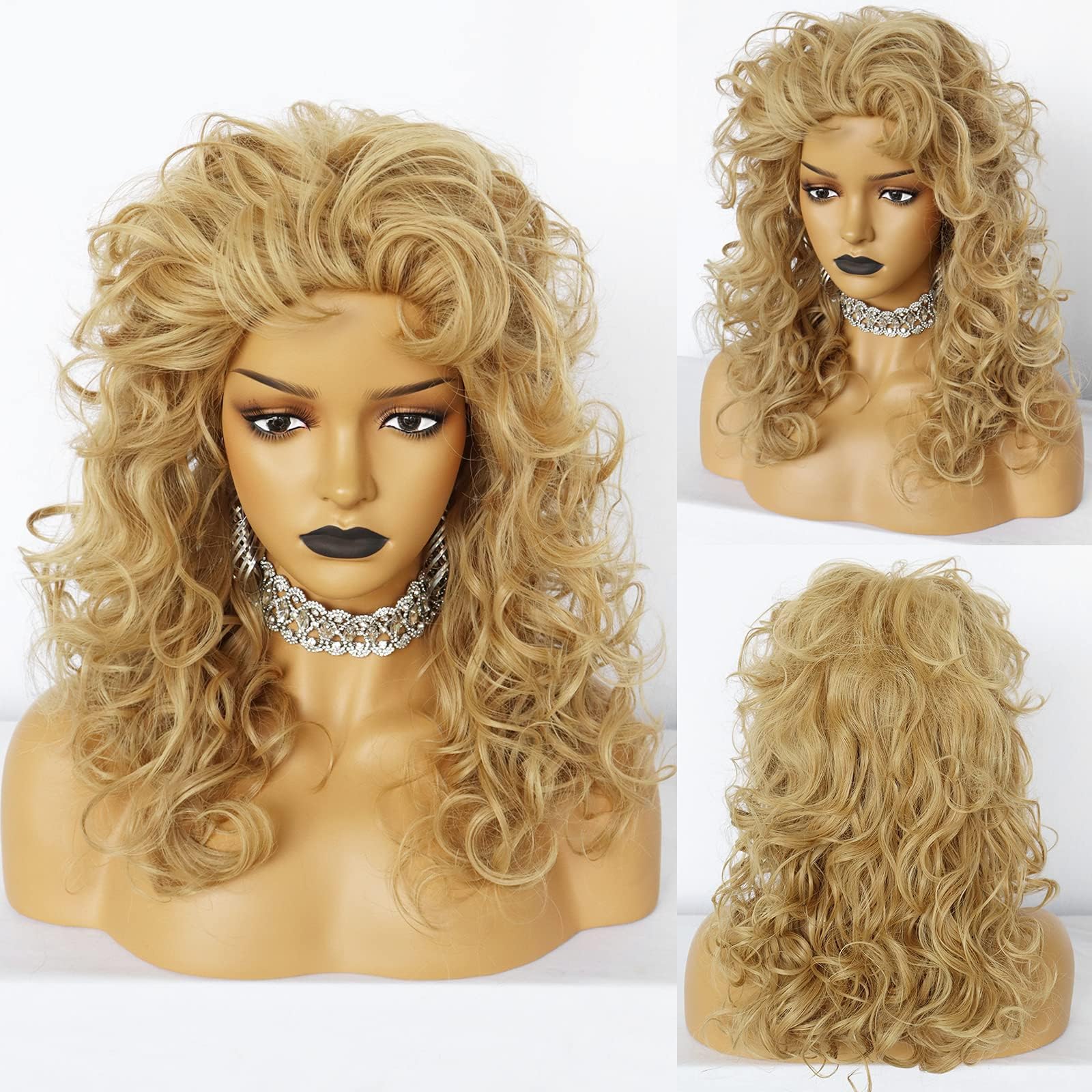 ANOGOL Wig Cap+ Disco Wig Women Long Curly Blonde Synthetic