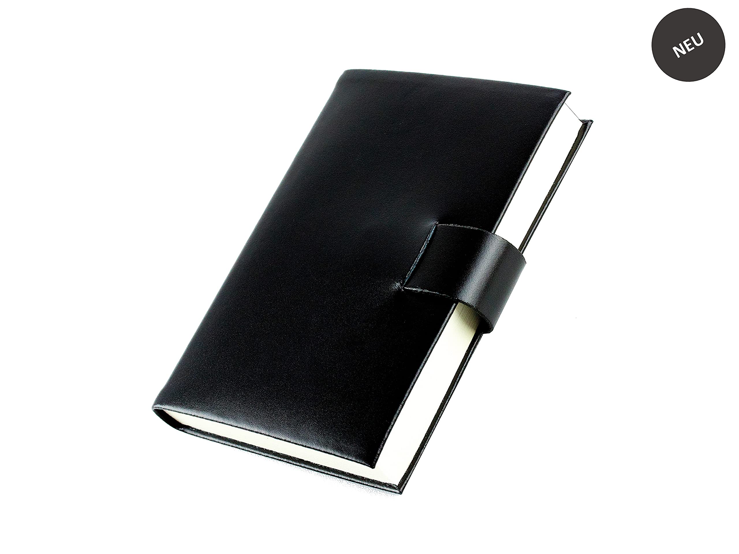 DELMON VARONE - Personalisierbares Notizbuch DIN A6 gebunden in Premium Cambridge Top Grain Leder (Rindspaltleder) schwarz, Blanko Buch unliniert im Softcover Ledereinband mit Verschlusslasche