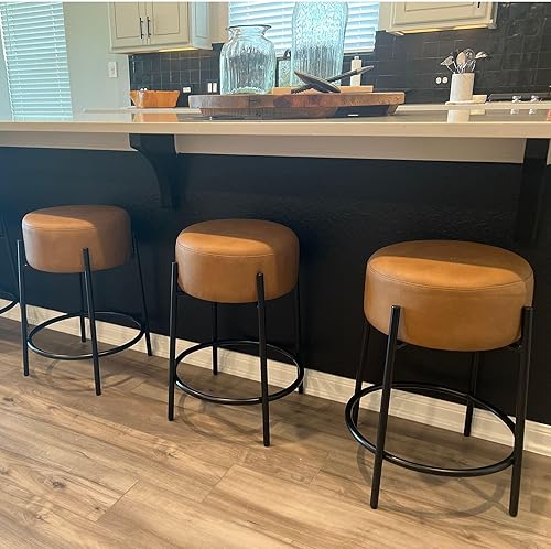 Miniatura 6 de Nathan James Isaac 24" Taburete de bar sin respaldo moderno con asiento acolchado y tapizado redondo y base de metal de mediados de siglo, PU marrón