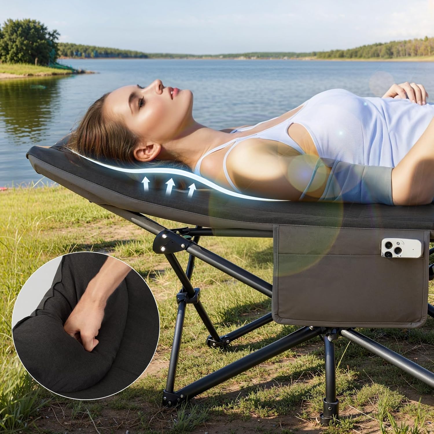 OVERMONT Lettino da Campeggio Brandina Pieghevole - Letto Portatile XL Caricabile Fino 250 kg - Letto Singolo Antiscivolo con Cuscino Borsa di Stoccaggio Borsa Trasporto per Camper Tende Viaggi Nero