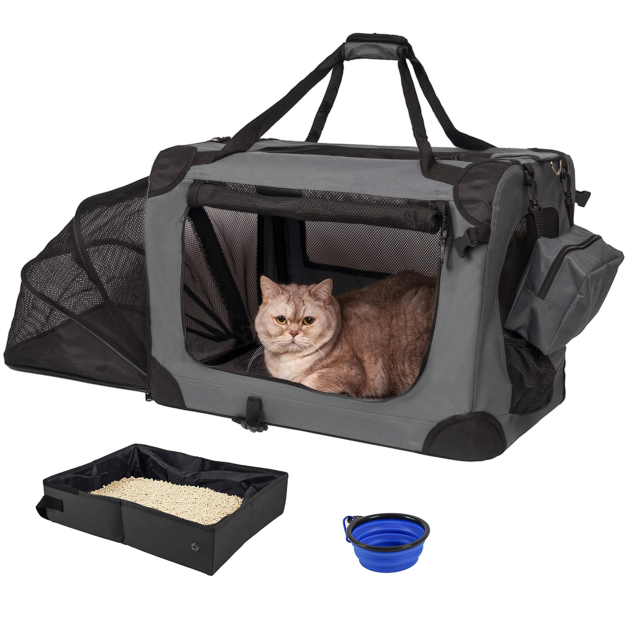 Photo 1 of Prutapet Expandable Large Cat Carrier for 2 Cats Big Cat 20lbs+ Soft Sided Portable Crate 24"x16.5"x16.5" for Car Traveling Long Trips Ride with Collapsible Bowl and Litter Box