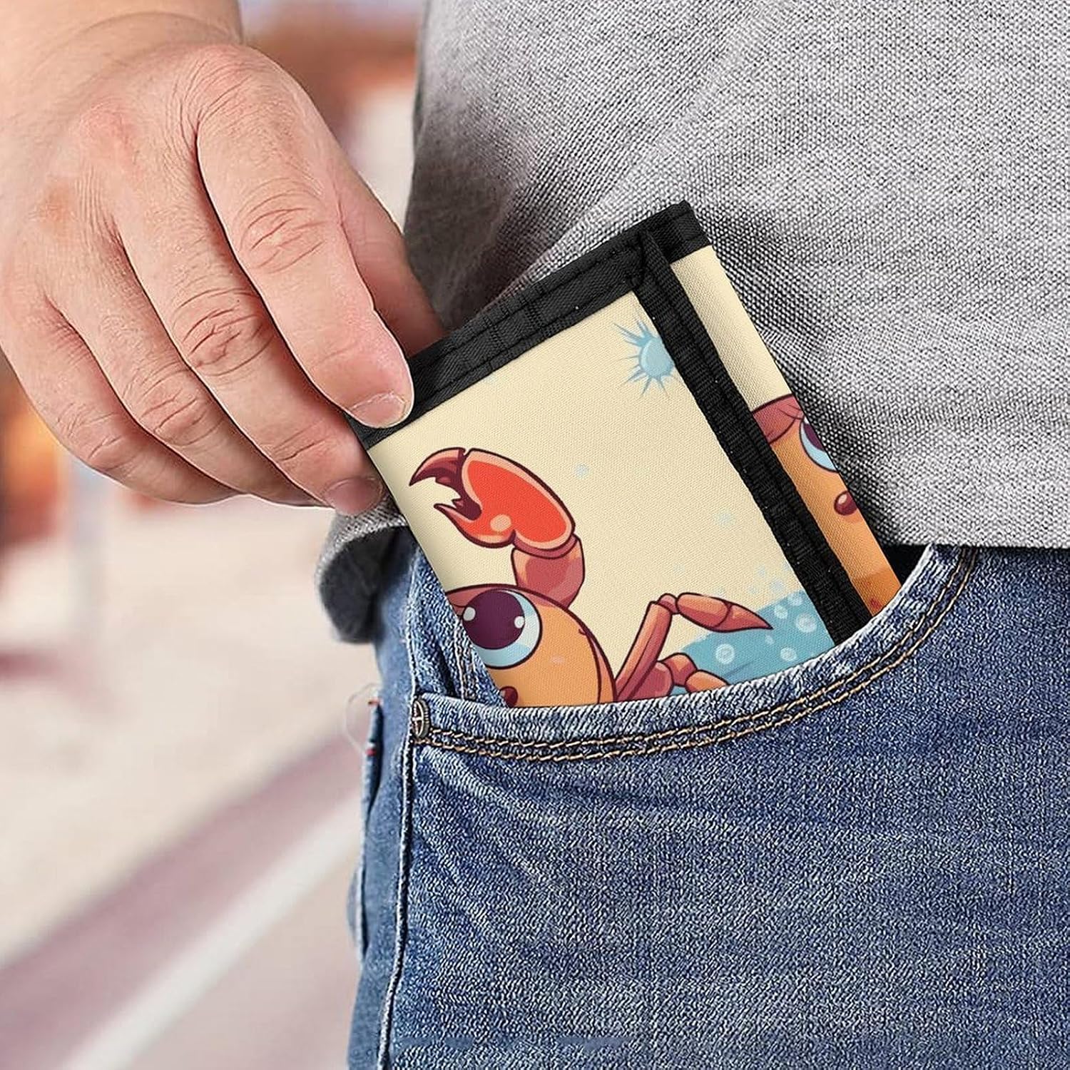 Trifold Canvas Wallet with Keychain, Modern Fashion Credit Card Holder Wallet for Men Women, Summer Cartoon Crab Slim Wallets W/Zipper Coin Pocket, Novelty Birthday Gift