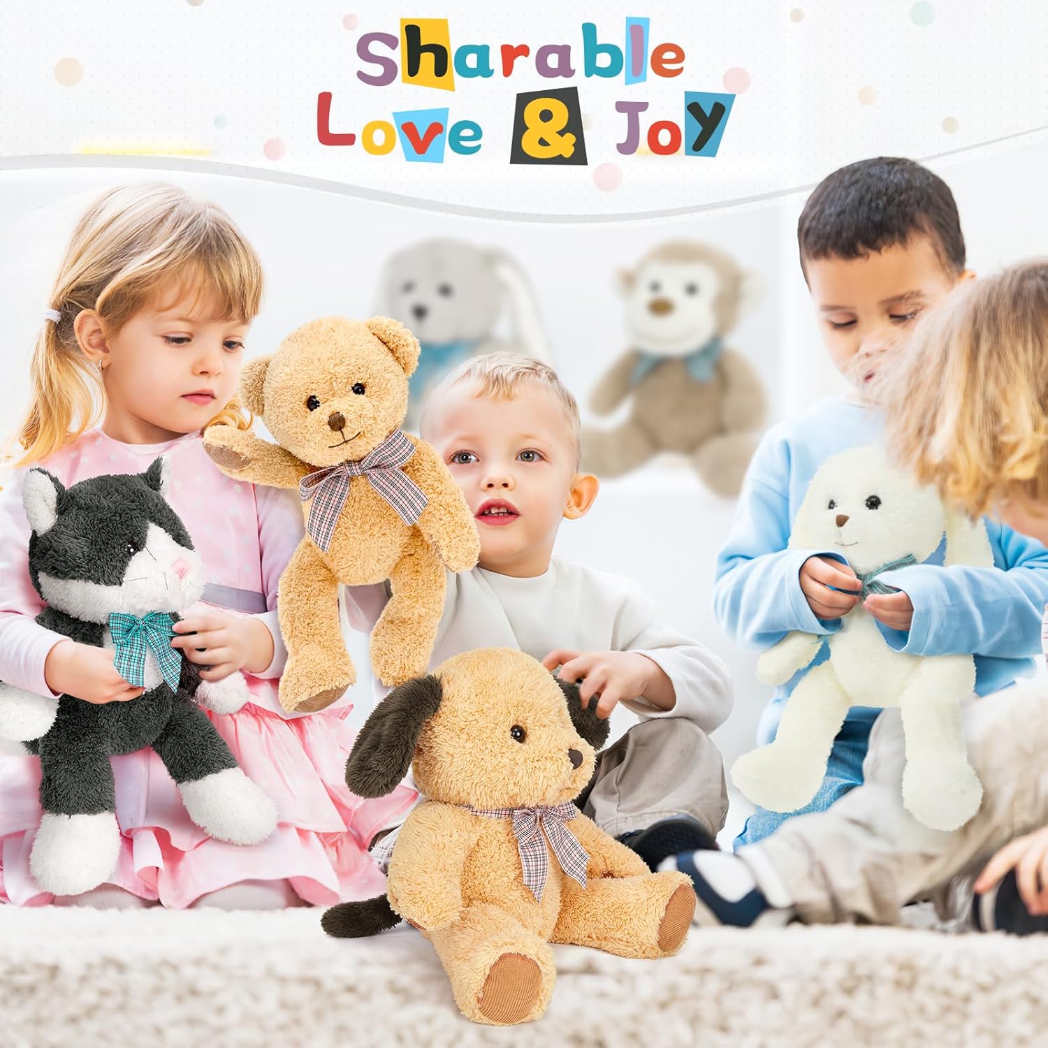 MaoGoLan 5 Pack Soft Stuffed Animals Bulk for Easter 13'' Cute Plush Toys Party Favors Bundle for Kids Teens Girls - Teddy Bear, Floppy Bunnies, Dog, Cat - Baby Shower Decor