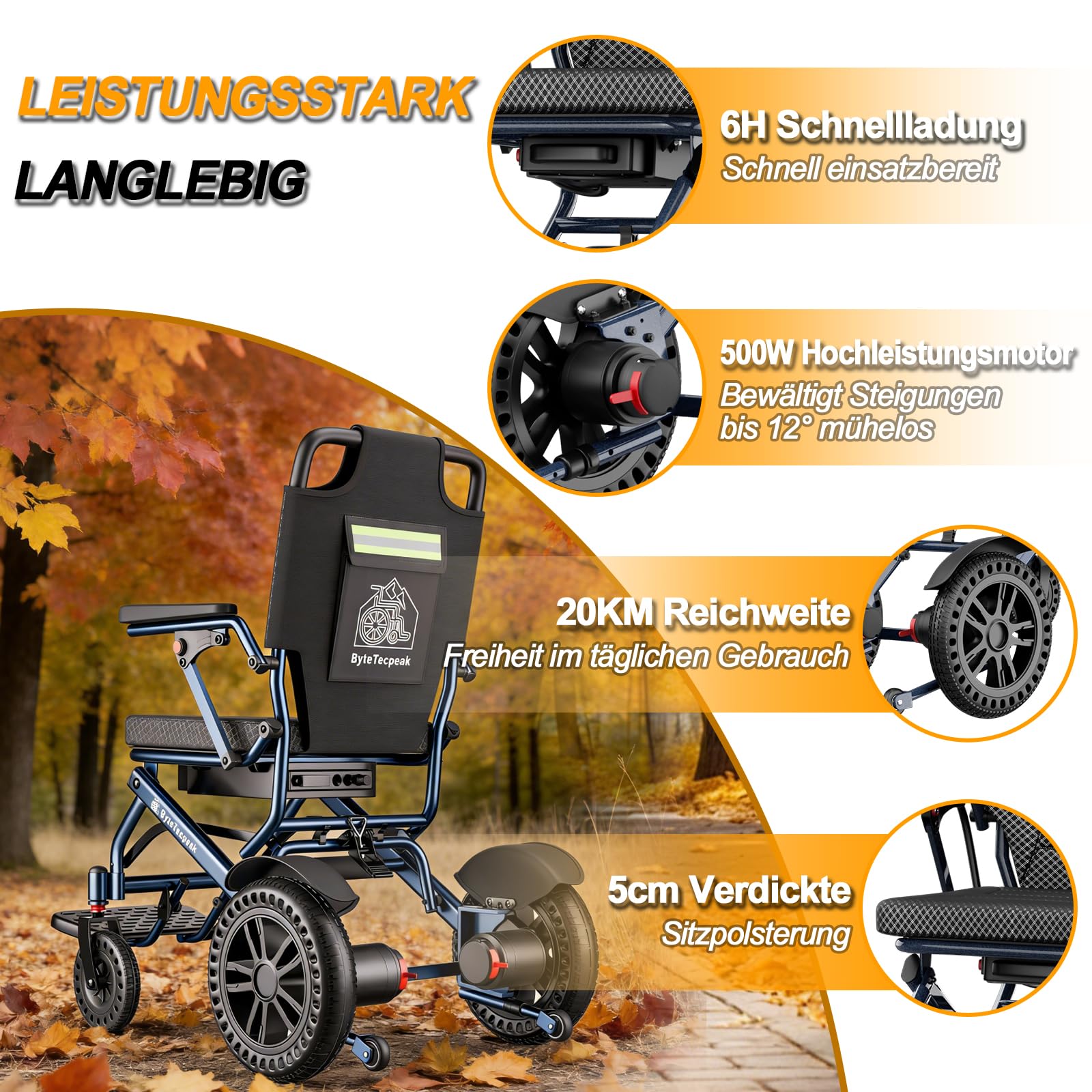 Elektrischer Rollstuhl Faltbarer 40 km Reichweite, 2 Akkus, D14 leicht E Rollstuhl, 18,5 kg ohne Akku, bis 150 kg, reisetauglich einfach zu transportieren mit komfortablem Sitz, für Reisen, Blau