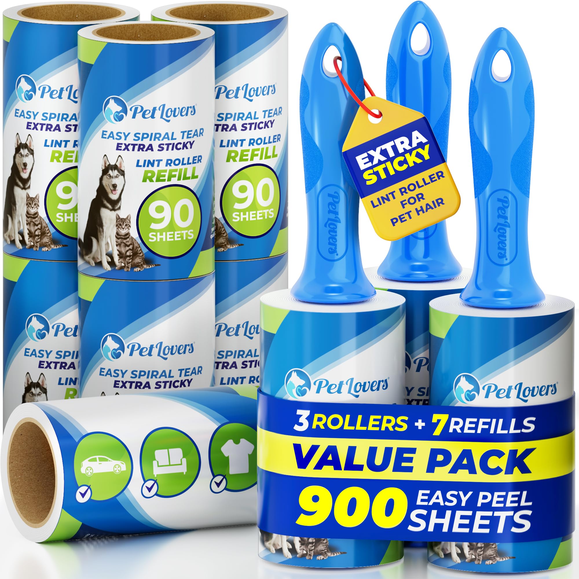 PetLovers Extra Sticky Lint Roller Mega Value Set 900 Sheets for Pet Hair Removal and Clothes Dog and