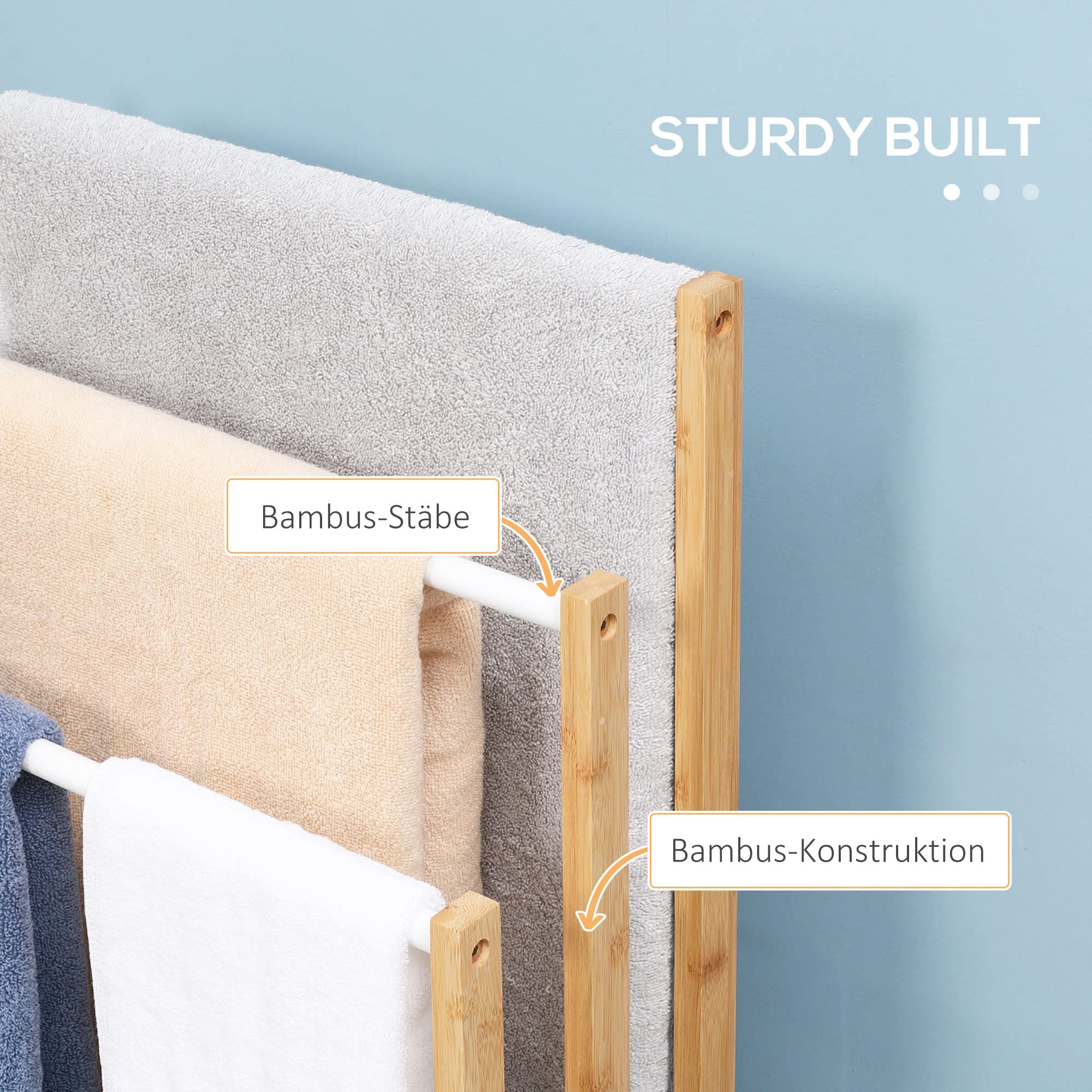 HOMCOM Toallero de Pie de Bambú con 3 Barras Toallero Independiente de 3 Niveles para Baño Lavadero 48x25,8x94 cm Natural