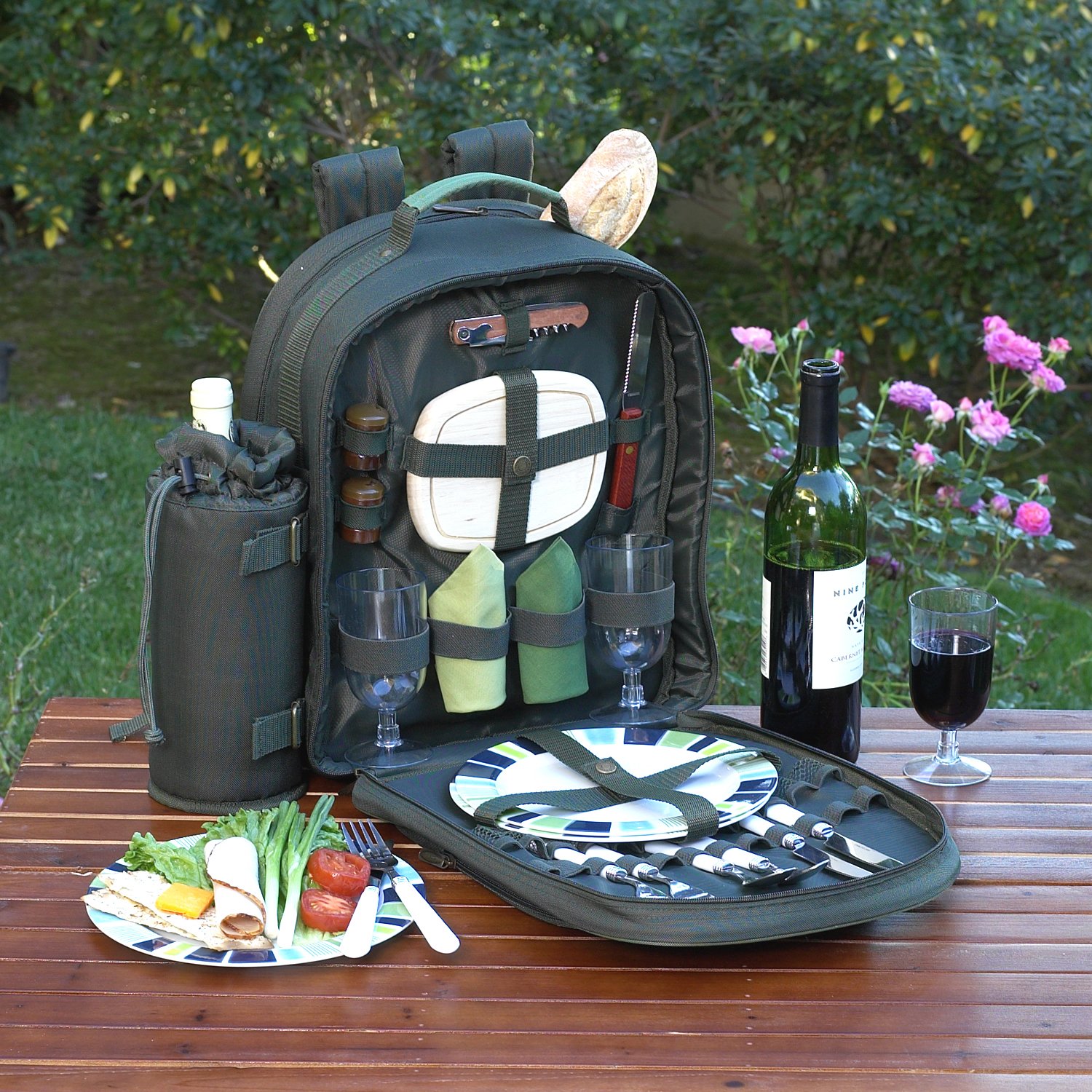 Picnic at Ascot Original Equipped 2 Person Green Picnic Backpack w/ Cooler Picnic at Ascot - Deluxe Equipped 2 Person Picnic Backpack  main image 3