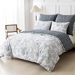 Conworld Cotton Duvet Cover Queen, 100% Cotton Duvet Cover Set for All Season, Inked Leaves Pattern Queen Duvet Cover, 3 Pieces Soft Breathable Bedding Sets with Zipper Closure Corner Ties