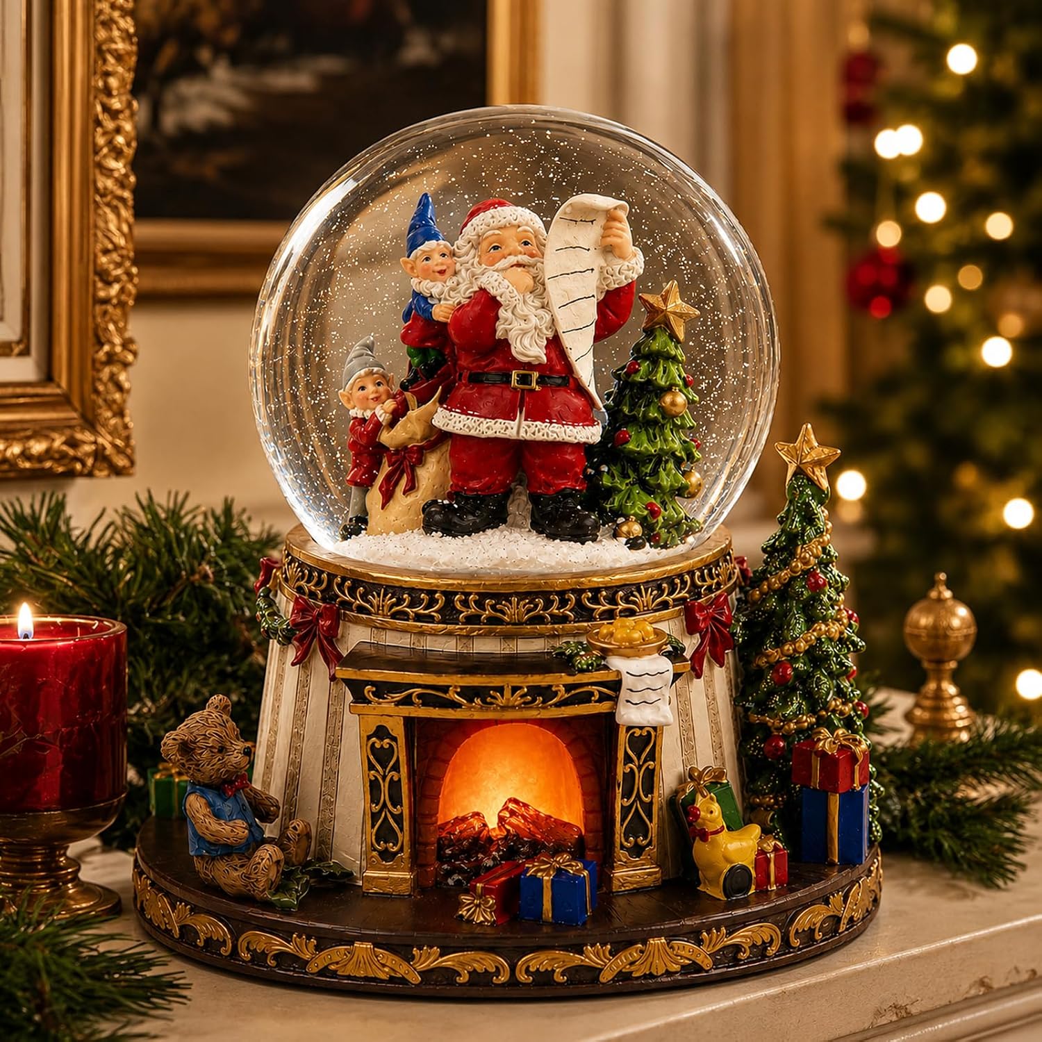 Christmas Snow Globe with Music, Santa Claus Musical Snow Globe with Automatic Snowfall, Lighted Fireplace & 8 Christmas Songs, Large Christmas Decorations Indoor for Mantel Tabletop Holiday Decor