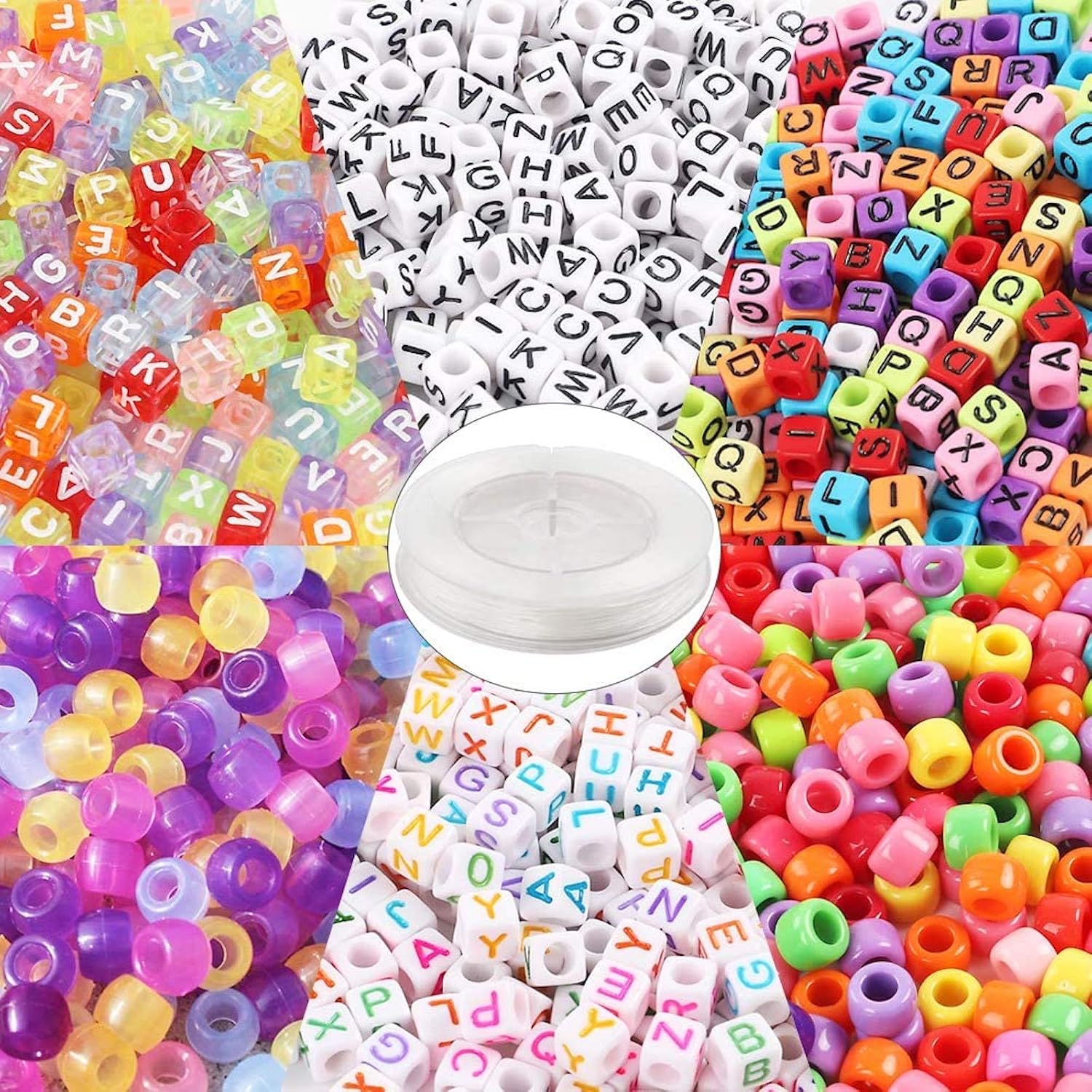 Quefe 1500pcs Beads Kit Letter Beads Assorted Acrylic Alphabet Beads Large Hole Beads UV Beads 6 Styles with 50 Meters Elastic String for Bracelets Crafts and Necklaces Making