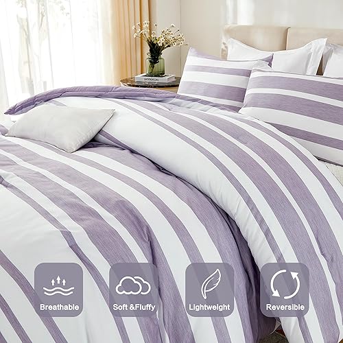 Miniatura 2 de Andency Juego de edredón Queen de 3 piezas a rayas, color morado y blanco, reversible, suave, ligero, para todas las estaciones, relleno alternativo