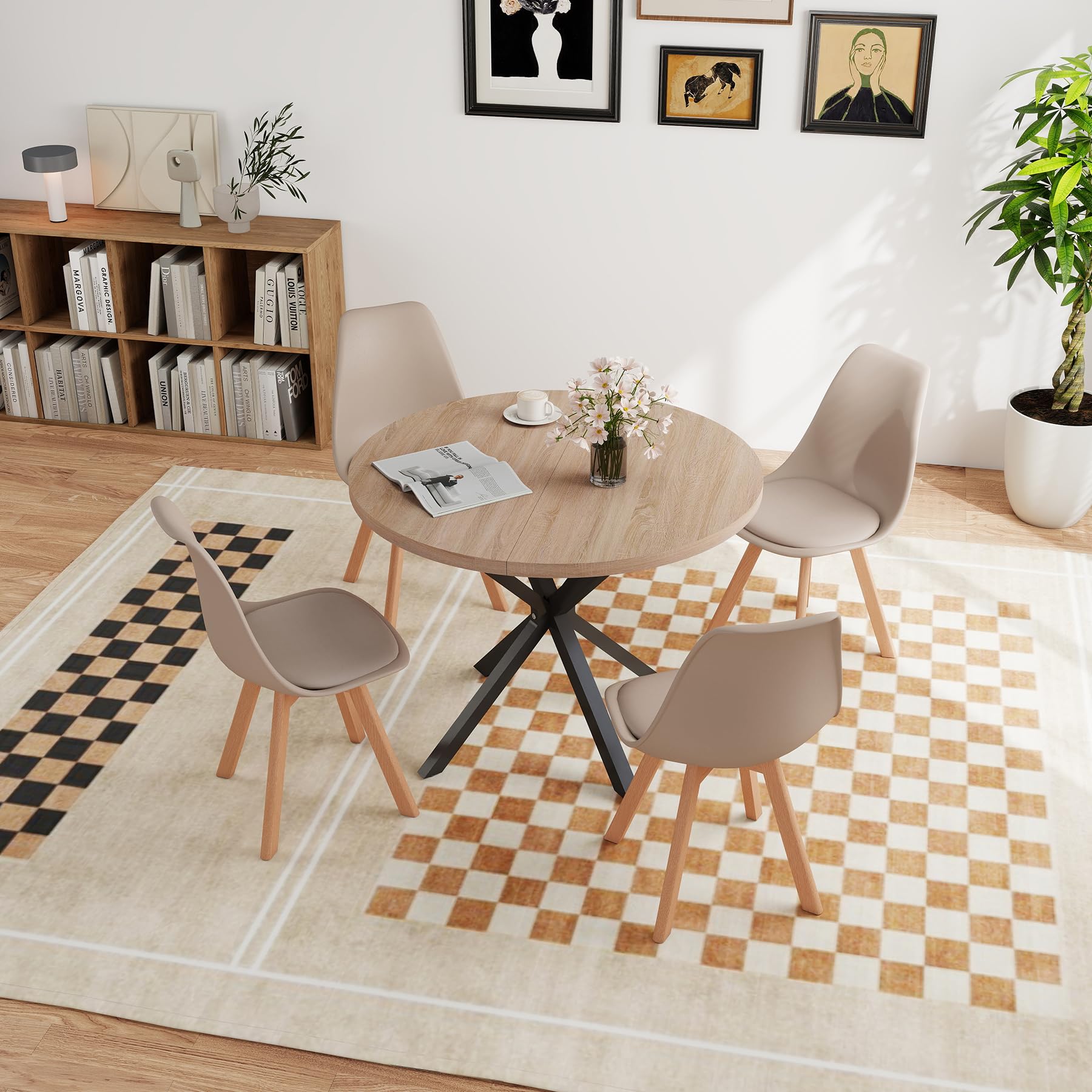 GrandCA HOME - Juego de Comedor con 4 sillas, Mesa Redonda de Madera de 100 x 100 x 75 cm, 4 sillas de Respaldo Alto, Patas de Madera de Haya (marrón Claro y Caqui)