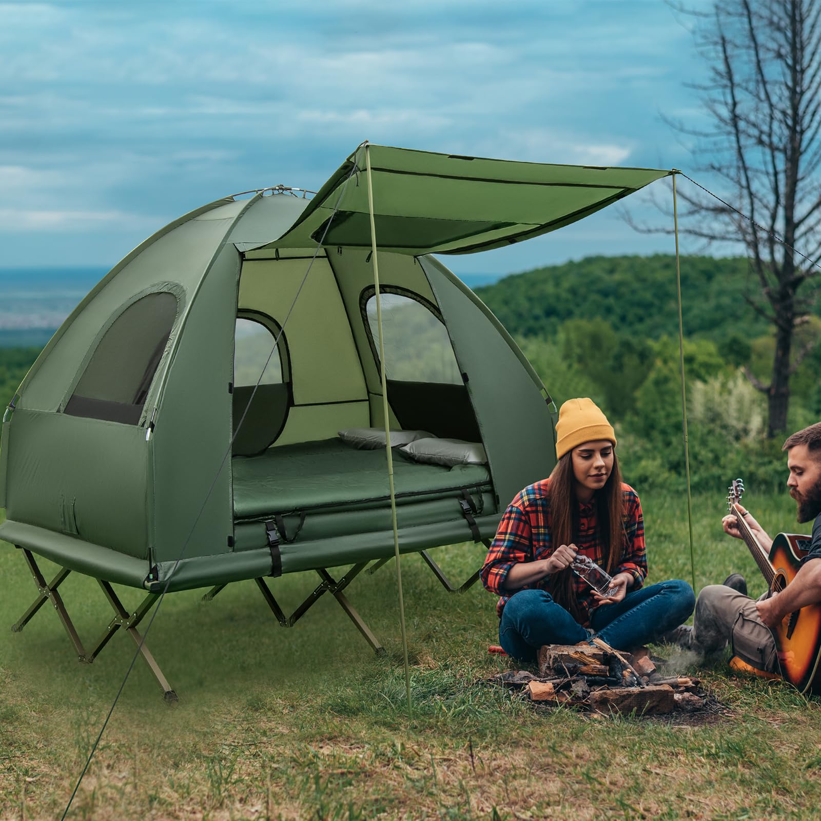 COSTWAY Tienda de Campaña para 2 Personas, Tienda de Camping con Cama Elevada, Colchón, Almohadas de Aire, Saco de Dormir, Bolsa de Transporte para Picnic Pesca, 194 x 145 x 187 cm