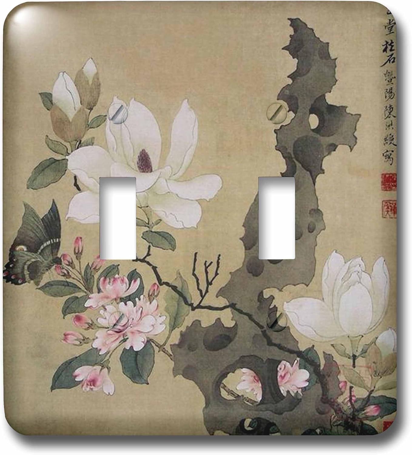 3dRose Print of Chinese Ink Painting With Floral and Butterfly double toggle switch