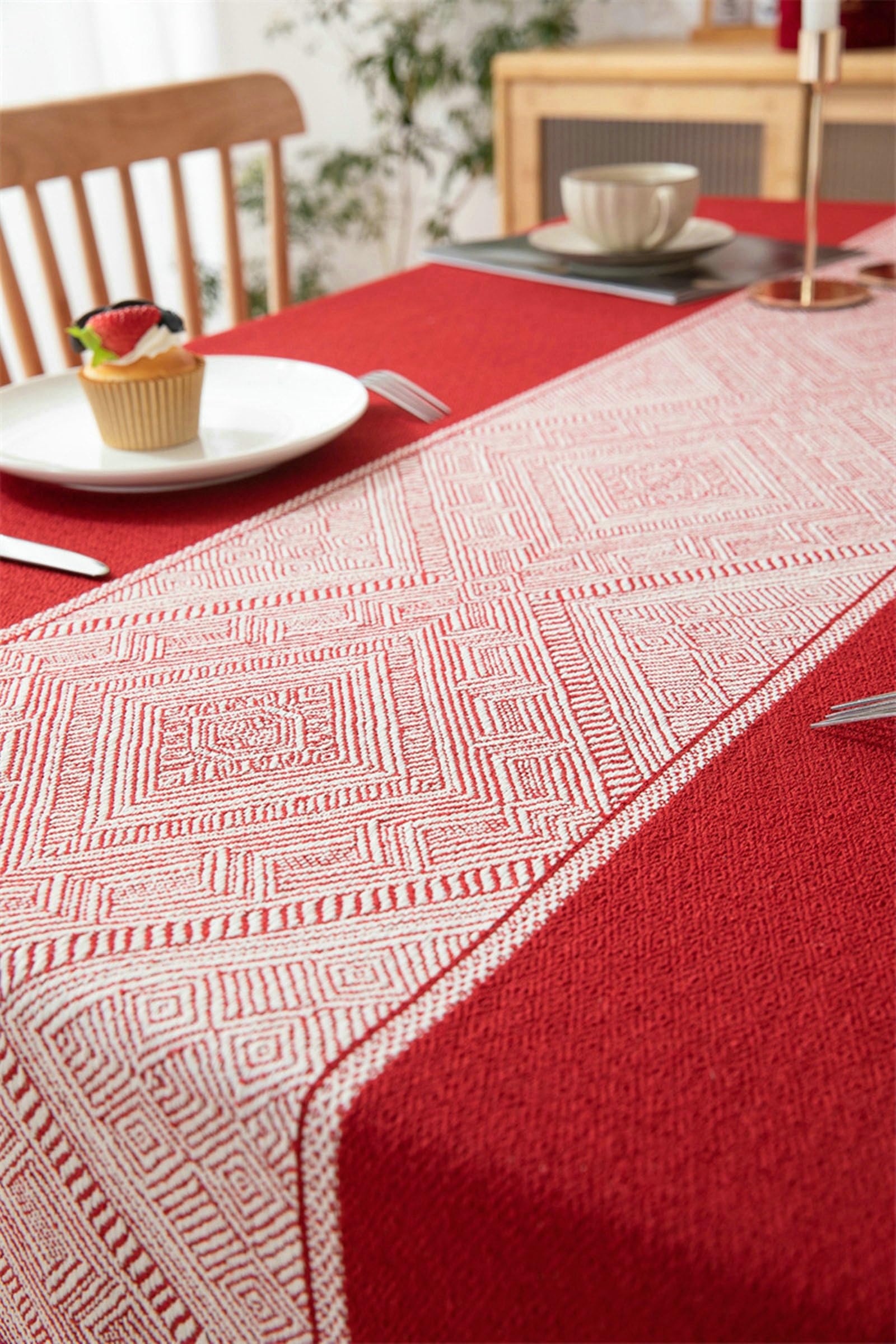 Dunkel Rot Tischdecken Rechteckig 140x300 Polyester Tischdecke Unterlage rutschfest Geometrischer Jacquard Mit Quasten Dauerhaft für Wohnzimmer