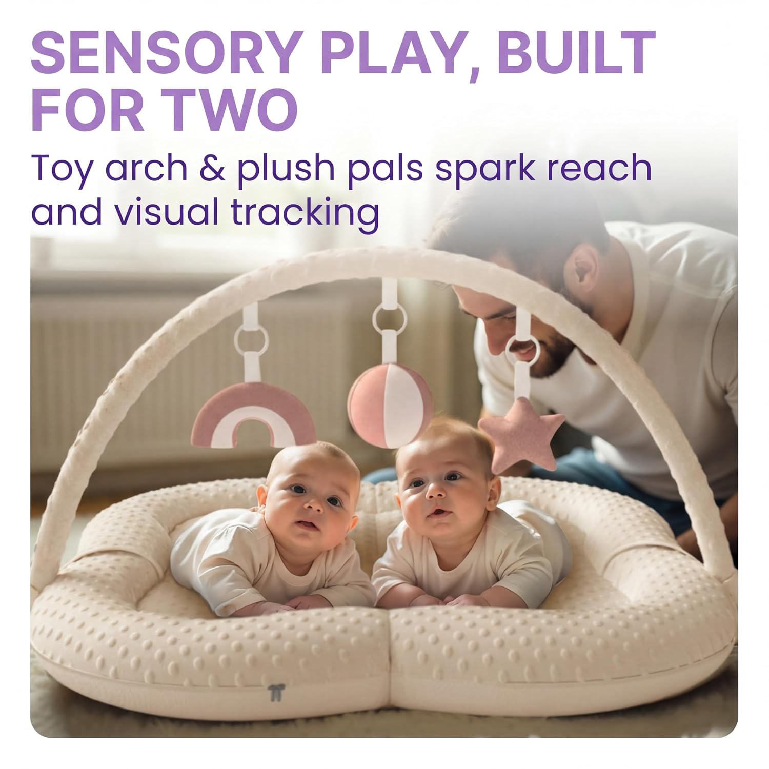 Twins Baby Play Mats for Floor Activity Gym - 5-in-1 Support Cushion Baby Play Mat Tummy Time Mat for Supervised Bonding with Arch, Plush Toys, Flashcards & Development - Beige image 4