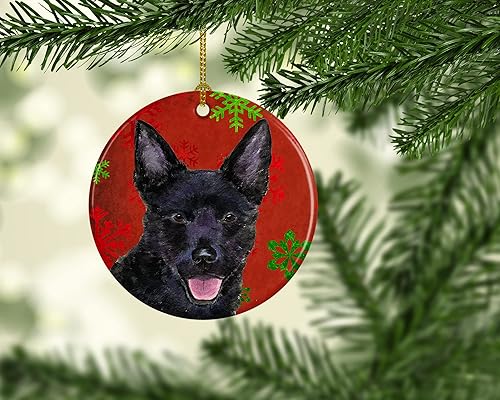Miniatura 2 de Caroline's Treasures Australian Kelpie - Adorno de cerámica de Navidad con copos de nieve rojos y verdes, decoración colgante para el hogar,