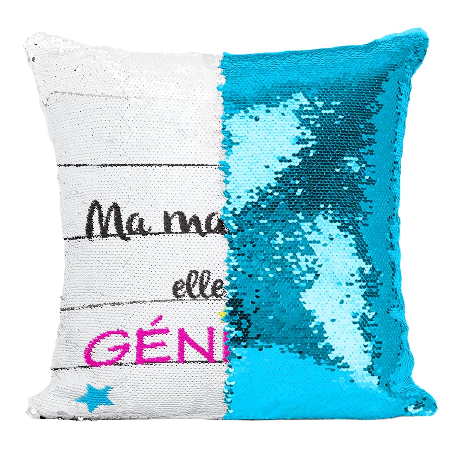 Coussin paillettes turquoise réversibles et étoiles avec fermeture éclair invisible