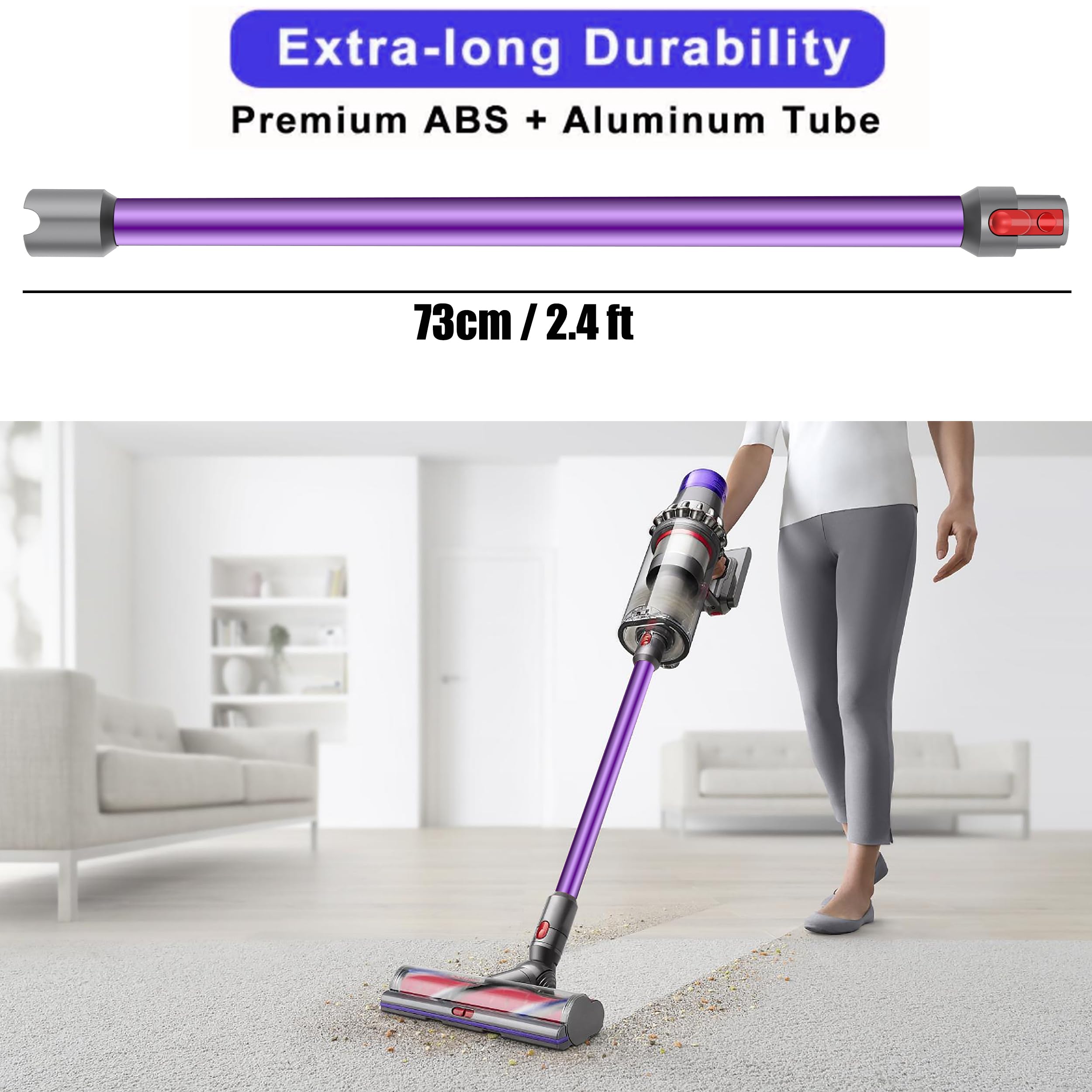 Tube Extension compatible pour Dyson V7 V8 V10 V11 V15 Tige Rigide Rallonge en Aluminium, Longueur 73 cm, Connecteur à Dégagement Rapide - Violet