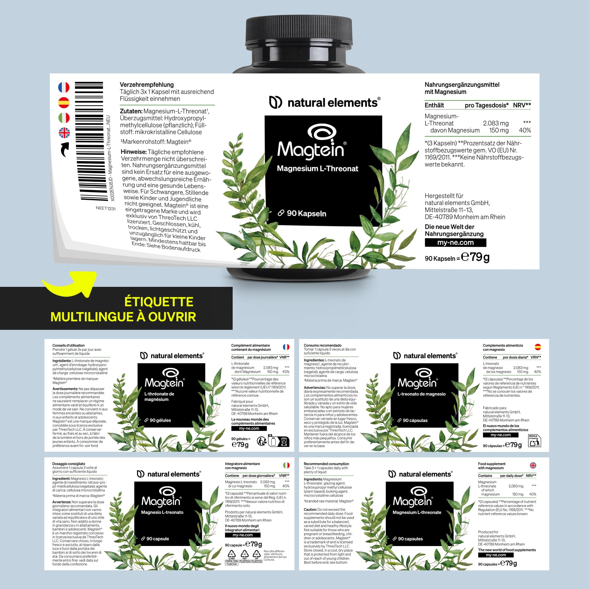 Magnesium L-Threonate (Magtein®) – 2000 mg de Magnésium par Dose Quotidienne – 90 Gélules pour 1 Mois – Soutient la Mémoire, Concentration & Sommeil – Hautement Biodisponible – Testé en Laboratoire