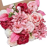 Vista 19 de Serwalin Flores de seda, flores artificiales burdeos para decoración de boda, rosas falsas rosas rosas y rojas con tallos y caja de vegetación