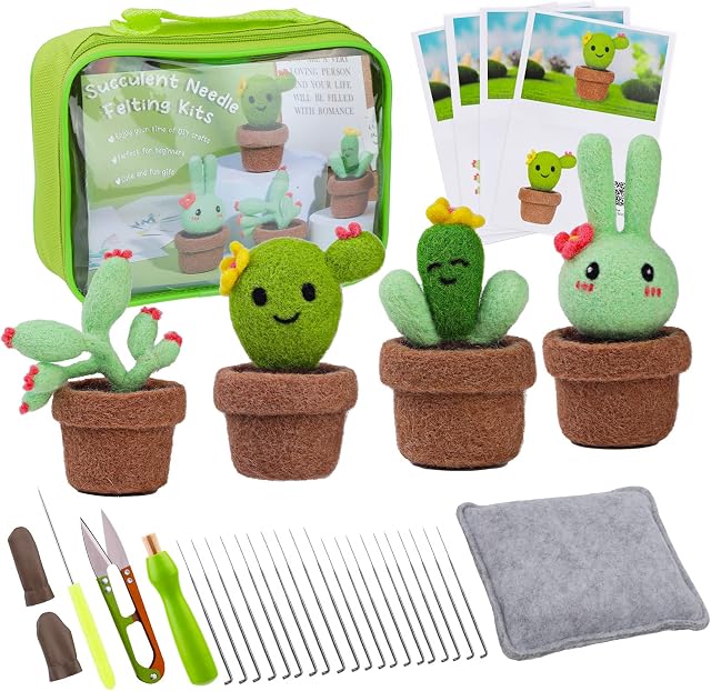 LOKUNN Needle Felting Kit for Beginners, Needle Felting Kit with Box, 4 Pcs Cute Cactus Wool Felted Set, Needle Felting Supplies with Needle Felting Pad, Felting Needles, Felting Wool, Instructions