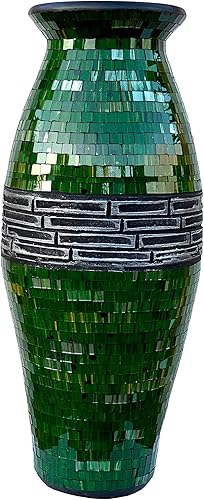 Zorigs Floor Vase Tall Cylinder with Swirls, Made of Terracotta with Forest Green Glass Mosaic Pieces Exquisite Home Décor Accent Piece 23.6 x