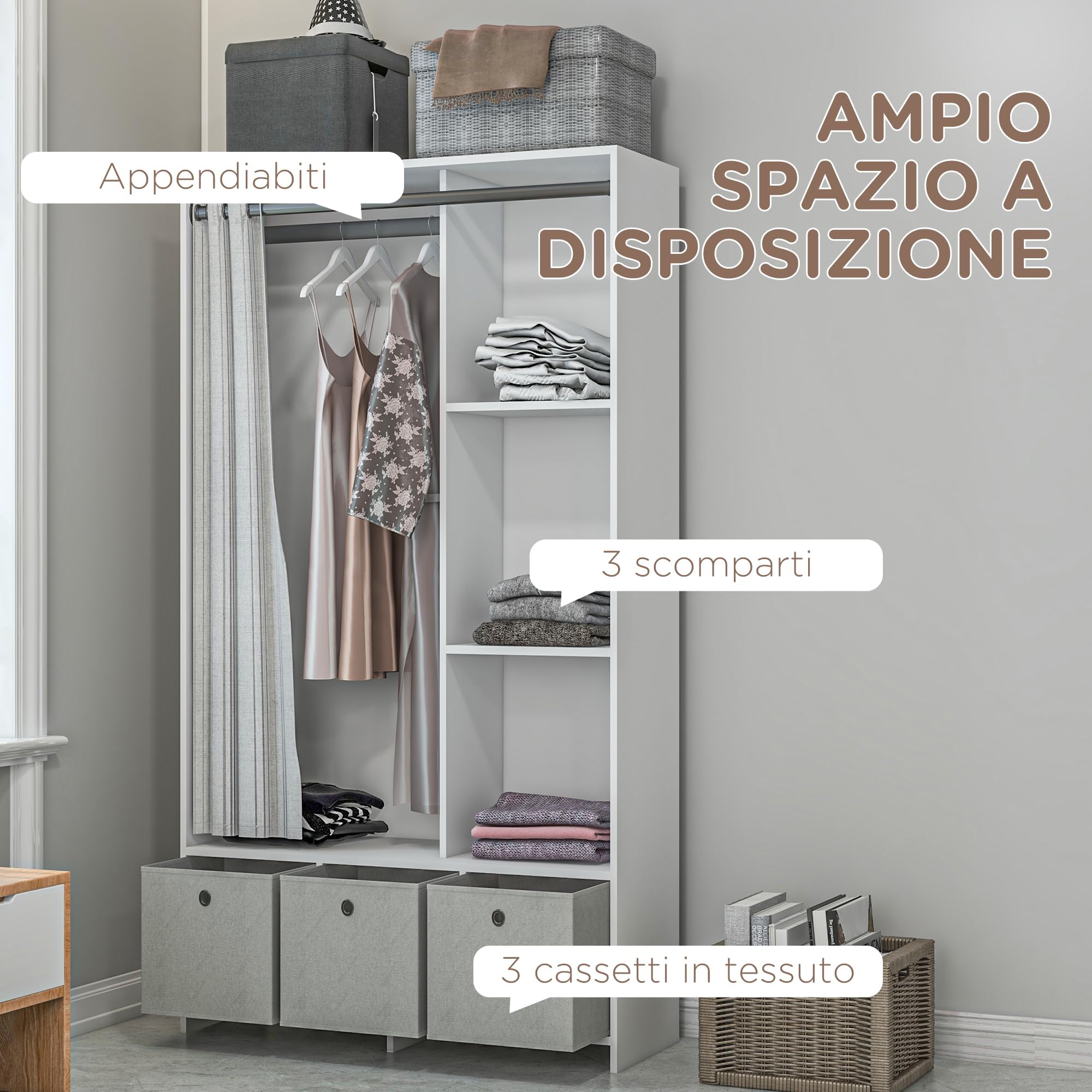 HOMCOM Armadio Camera da Letto 105x48x160 cm Bianco e Grigio Chiaro | 3 Cassetti in Tessuto Effetto Lino, 3 Ripiani, Armadio Guardaroba Salvaspazio Multiuso con Asta Appendiabiti